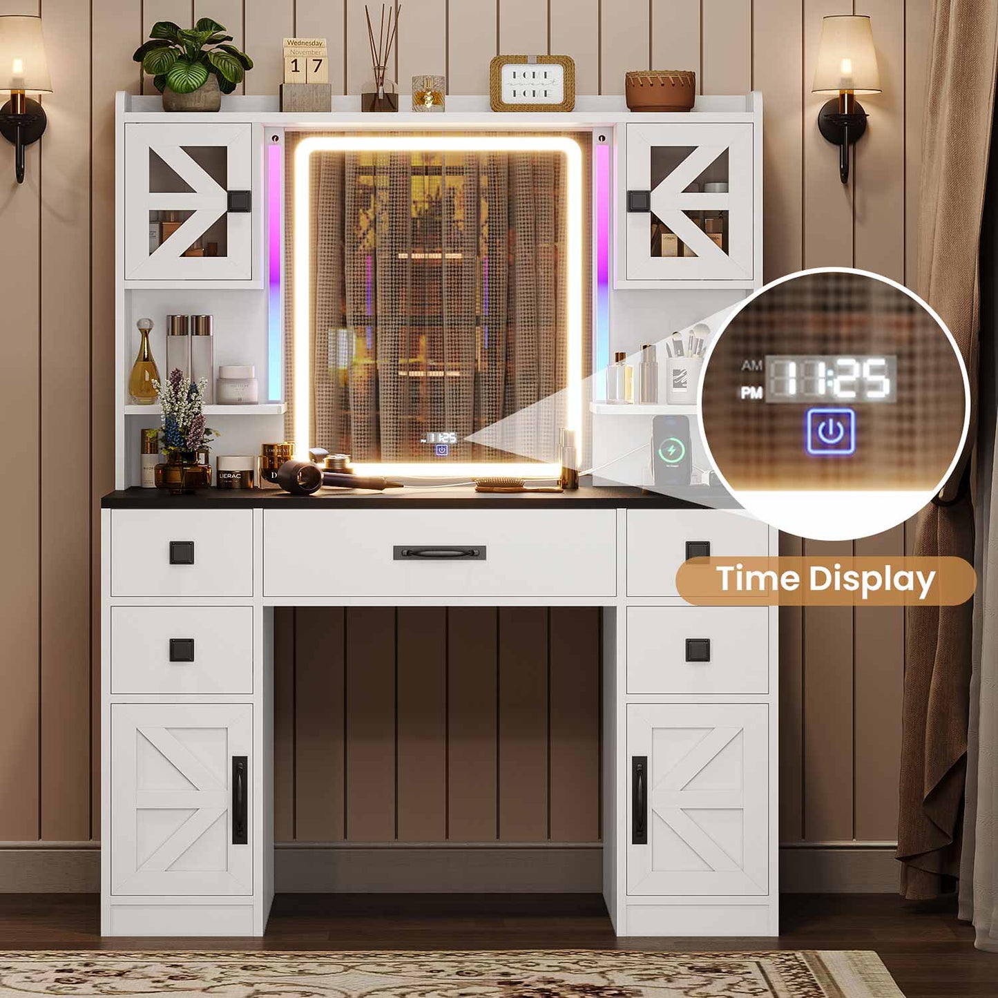 LED Makeup Vanity with Digital Clock White
