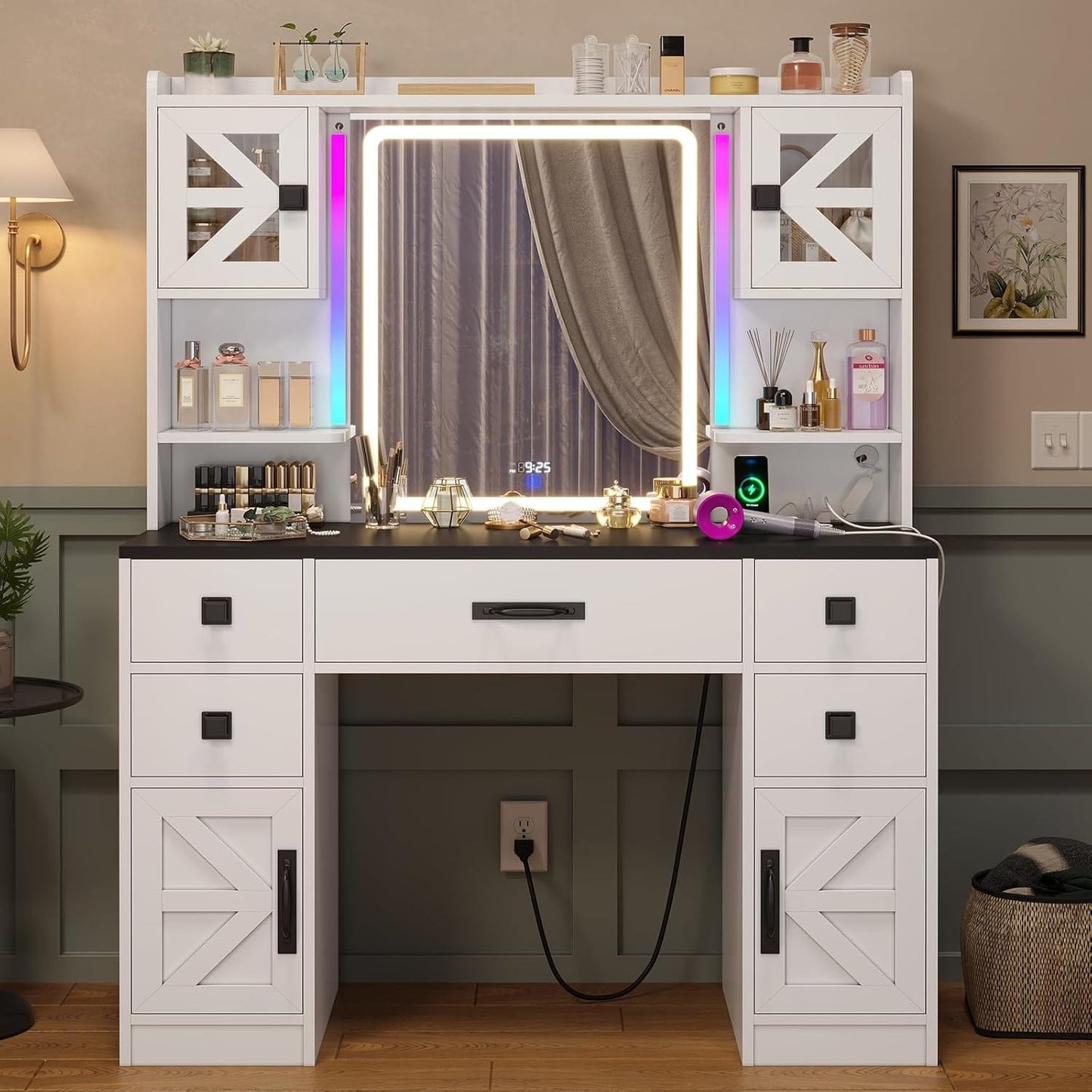 LED Makeup Vanity with Digital Clock White
