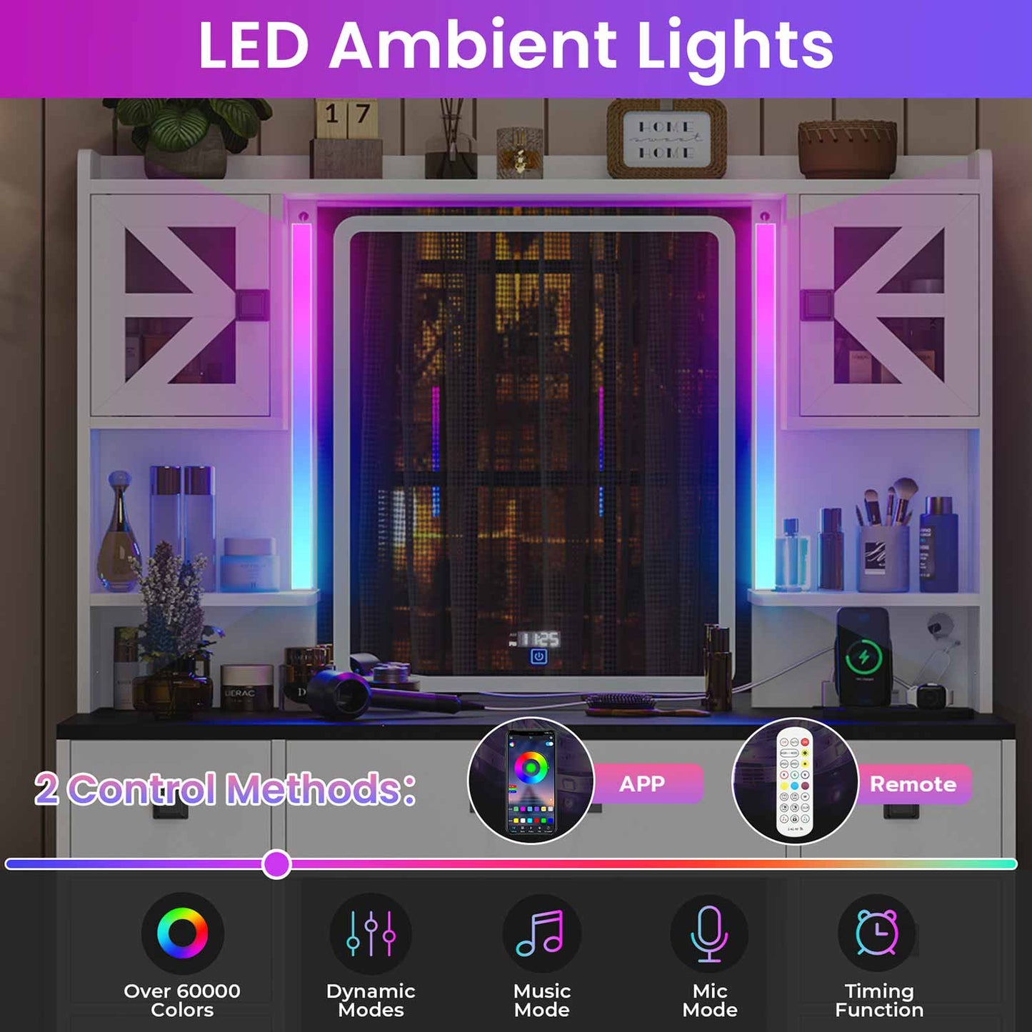 LED Makeup Vanity with Digital Clock White
