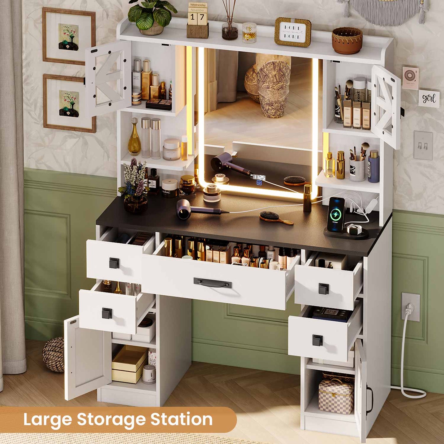 LED Makeup Vanity with Digital Clock White