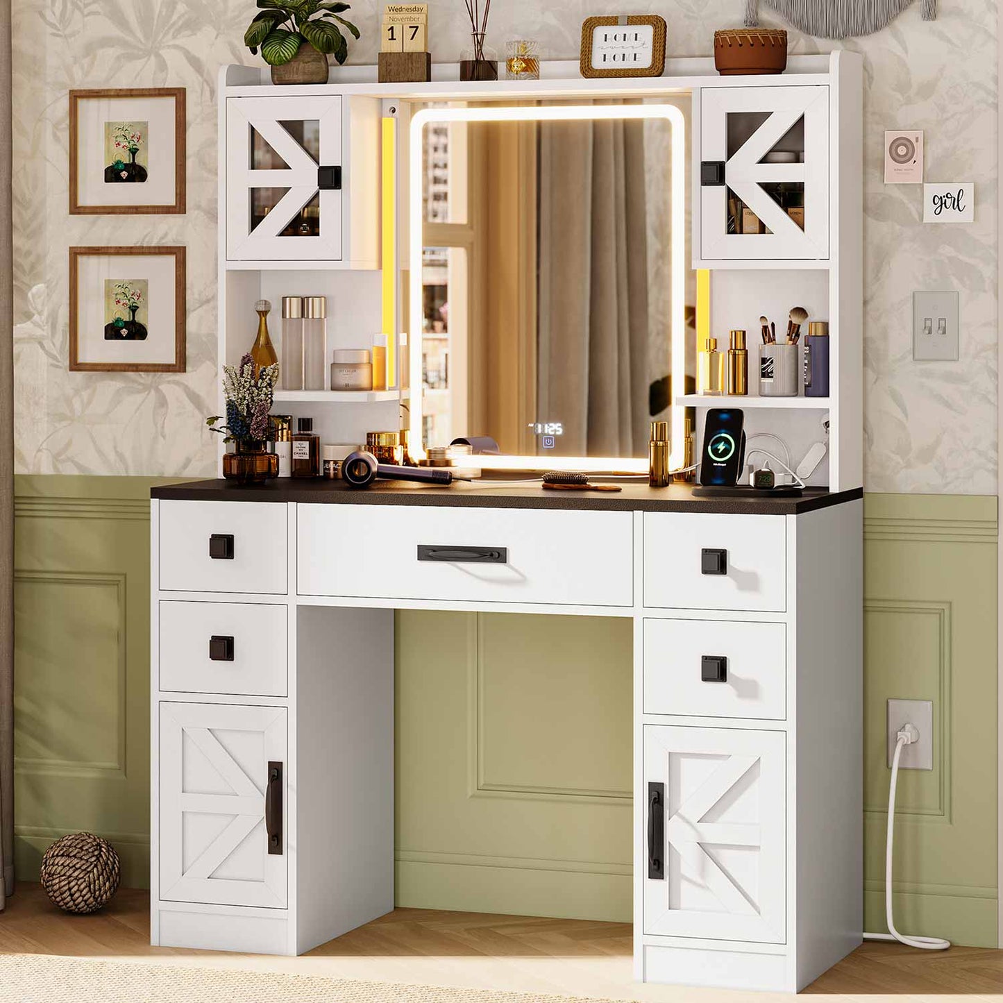 LED Makeup Vanity with Digital Clock White