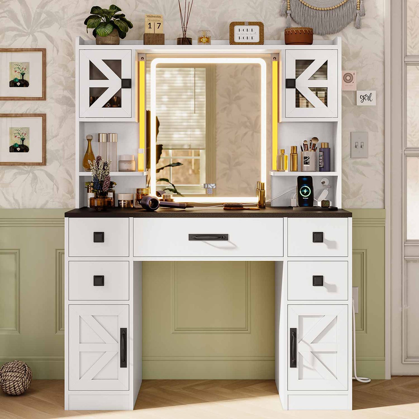LED Makeup Vanity with Digital Clock White