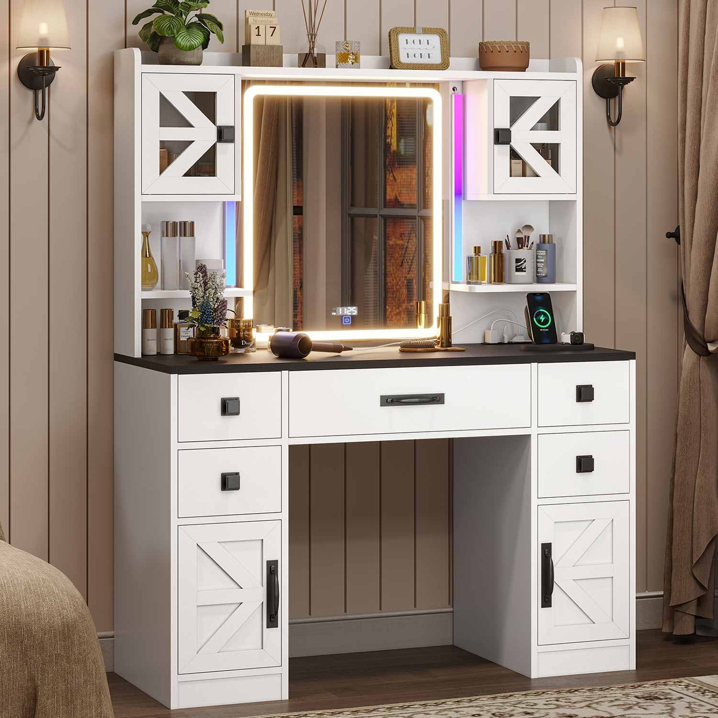 LED Makeup Vanity with Digital Clock White