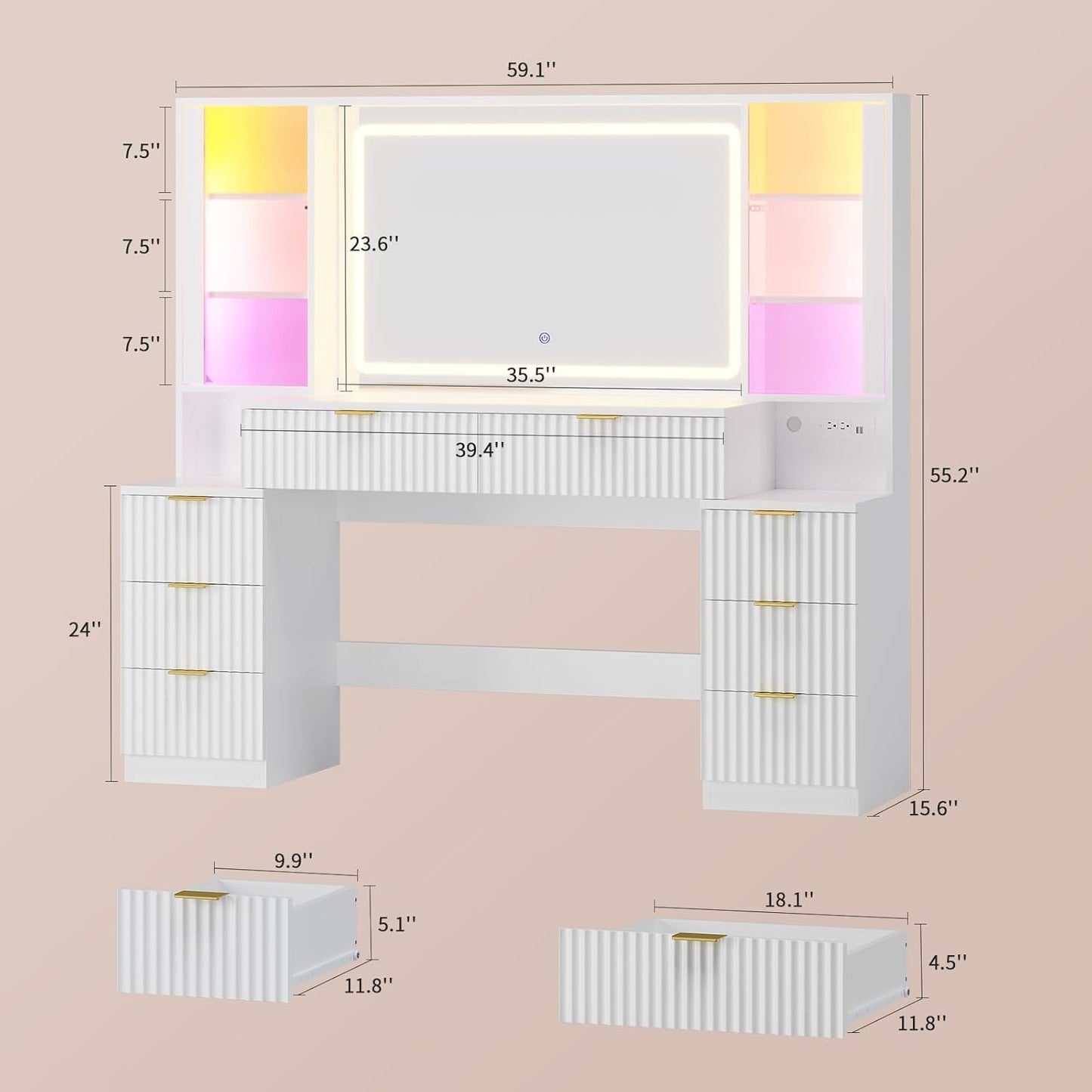 59.1 Inches Fluted Wood Makeup Vanity Desk with Mirror and Sound Sync LED Lights White