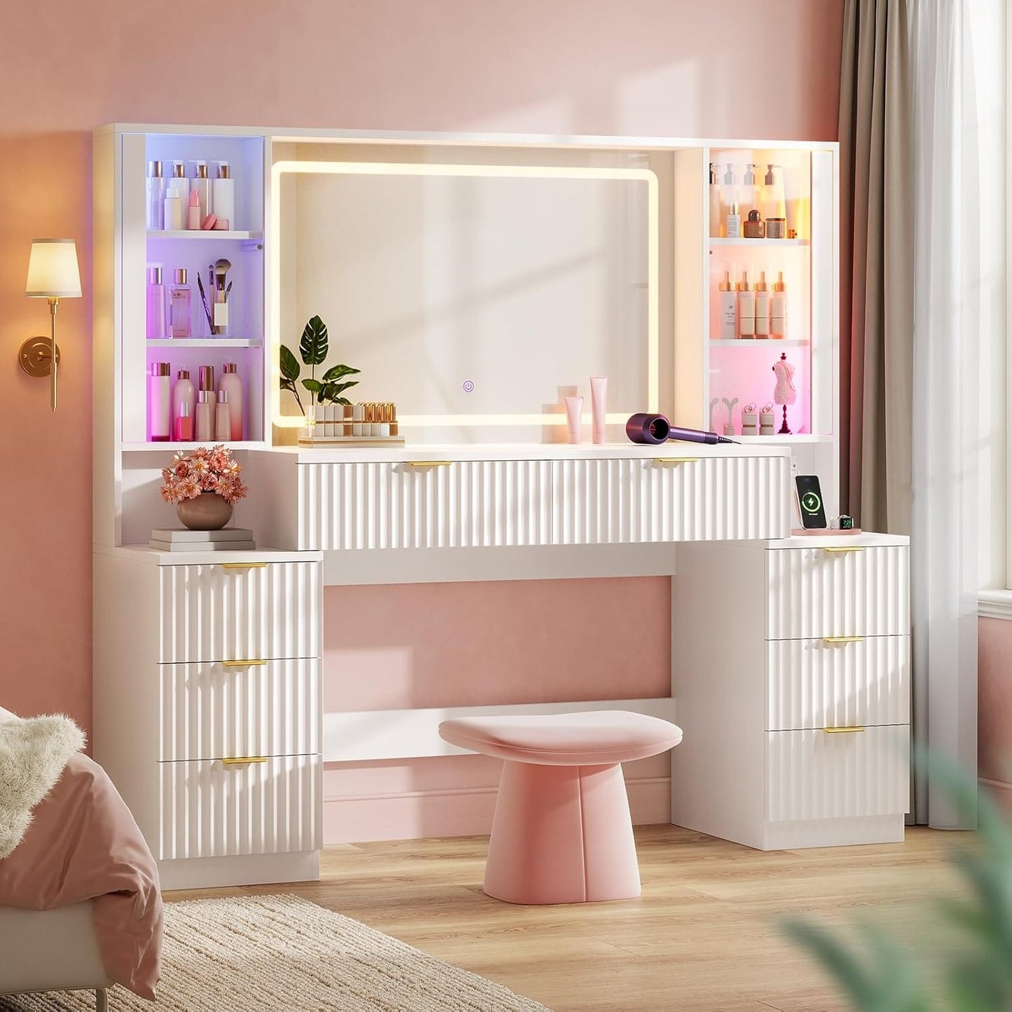 59.1 Inches Fluted Wood Makeup Vanity Desk with Mirror and Sound Sync LED Lights White