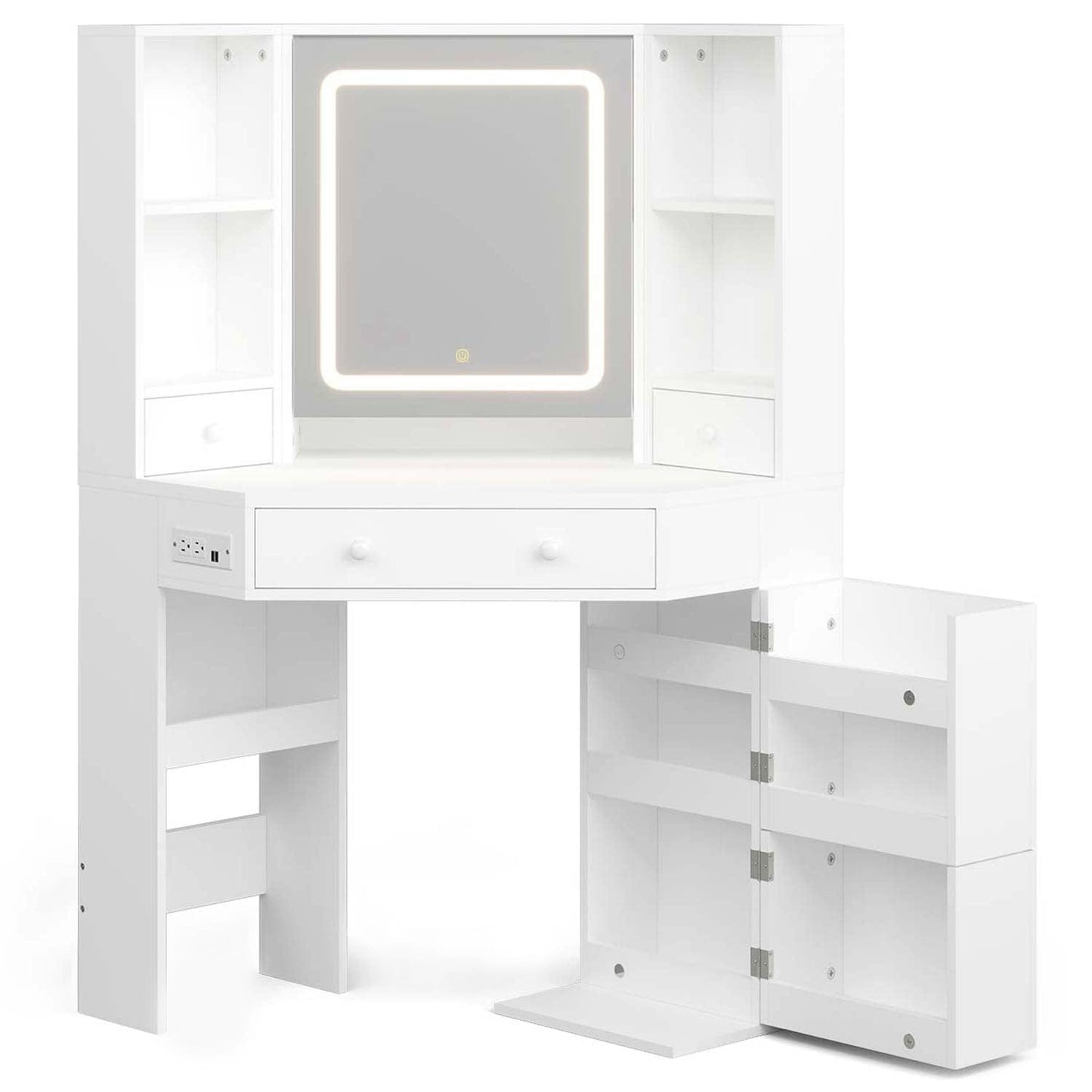 Corner Makeup Vanity Set with Upholstered Storage Stool White