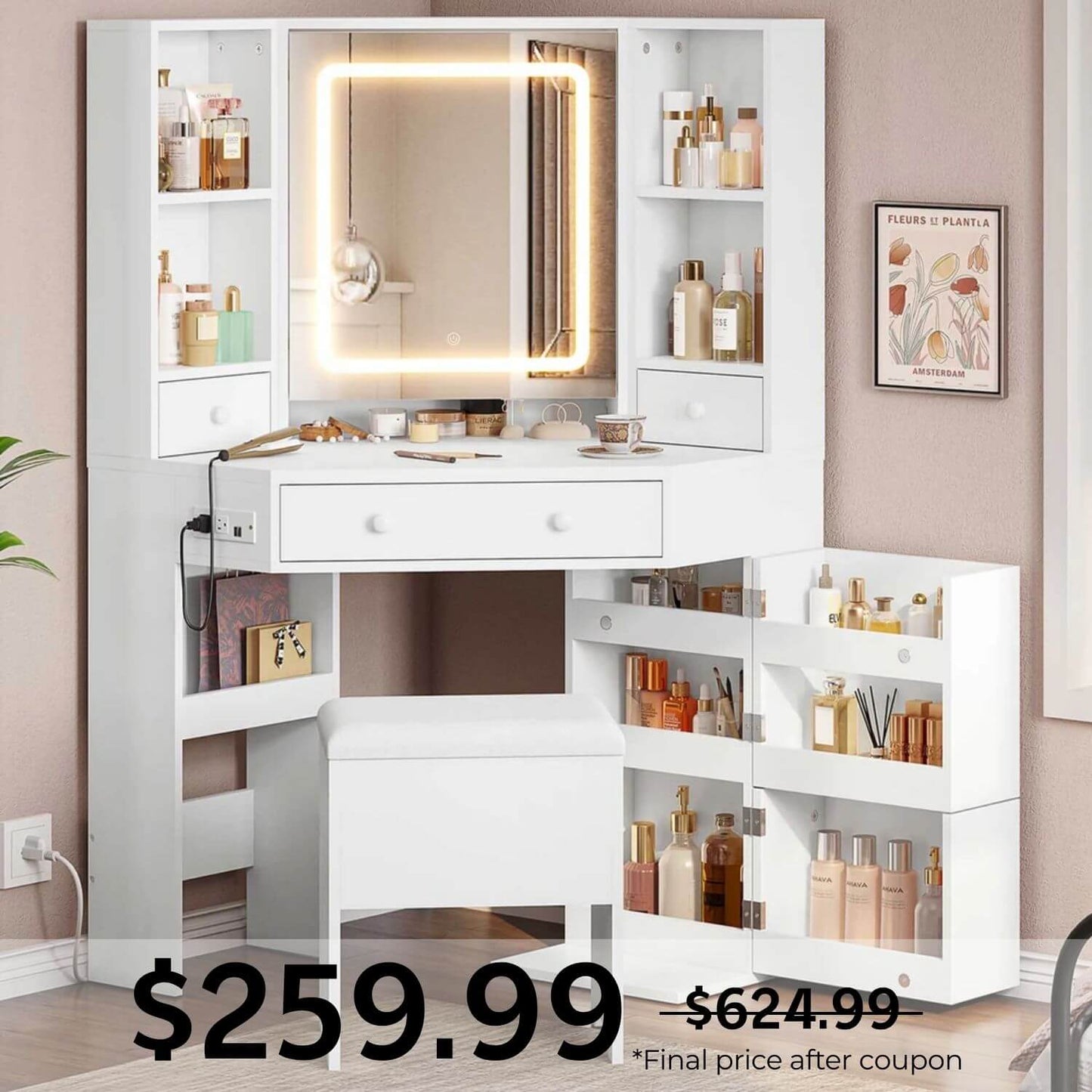 Corner Makeup Vanity Set with Upholstered Storage Stool White