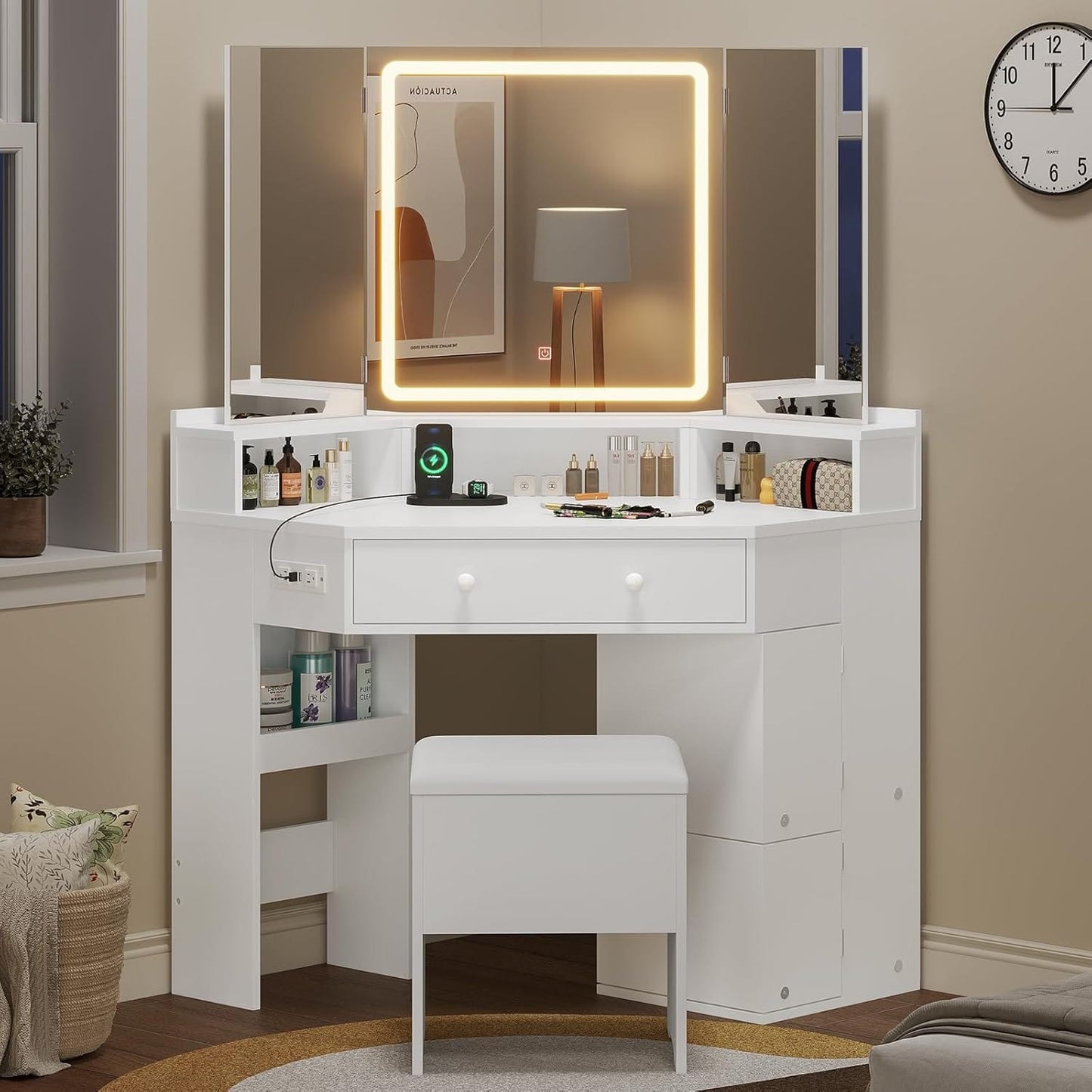 Corner Makeup Vanity with Tri-Fold Mirror and Cushioned Storage Stool White