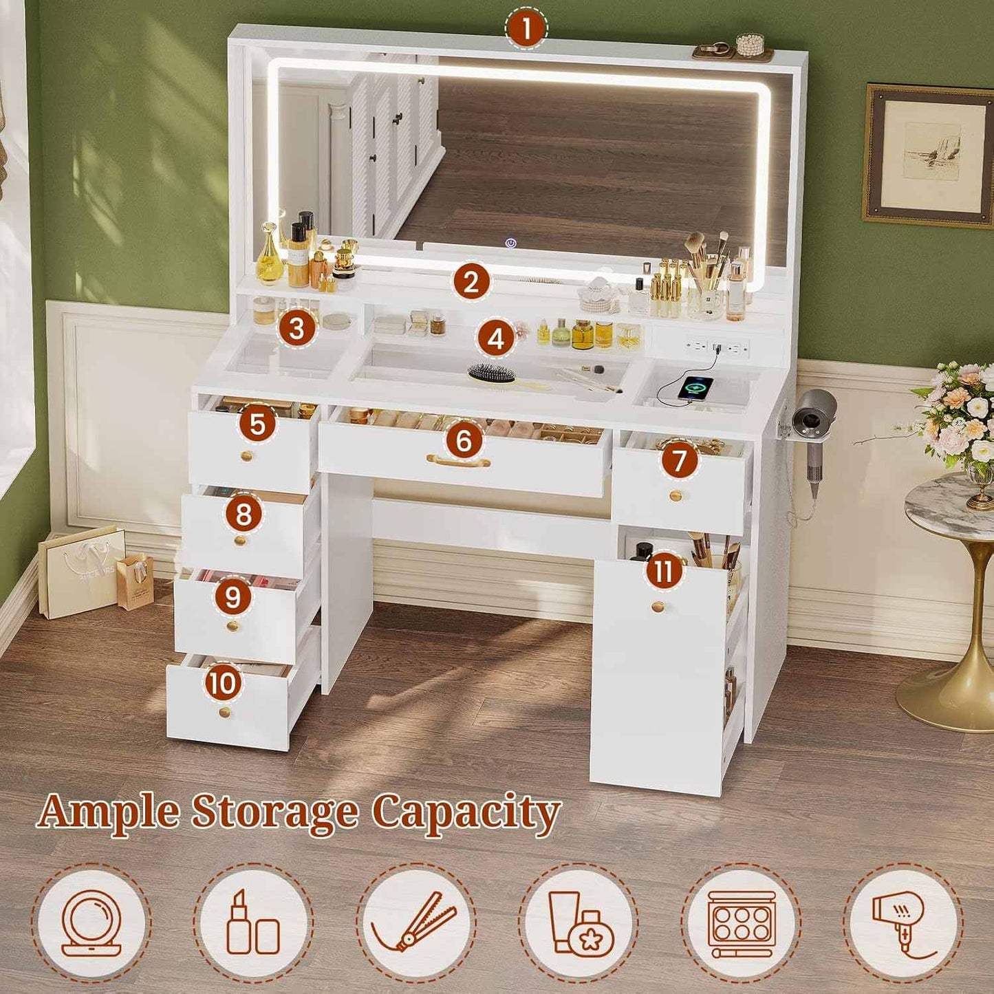 Makeup Vanity with Large LED Mirror and Power Outlet White