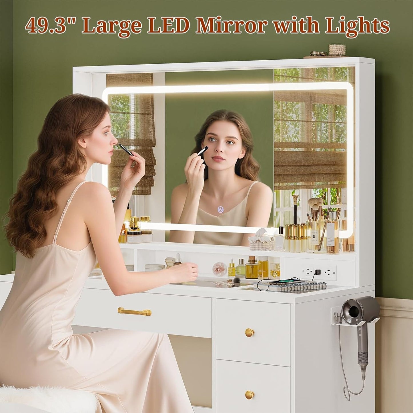 Makeup Vanity with Large LED Mirror and Power Outlet White