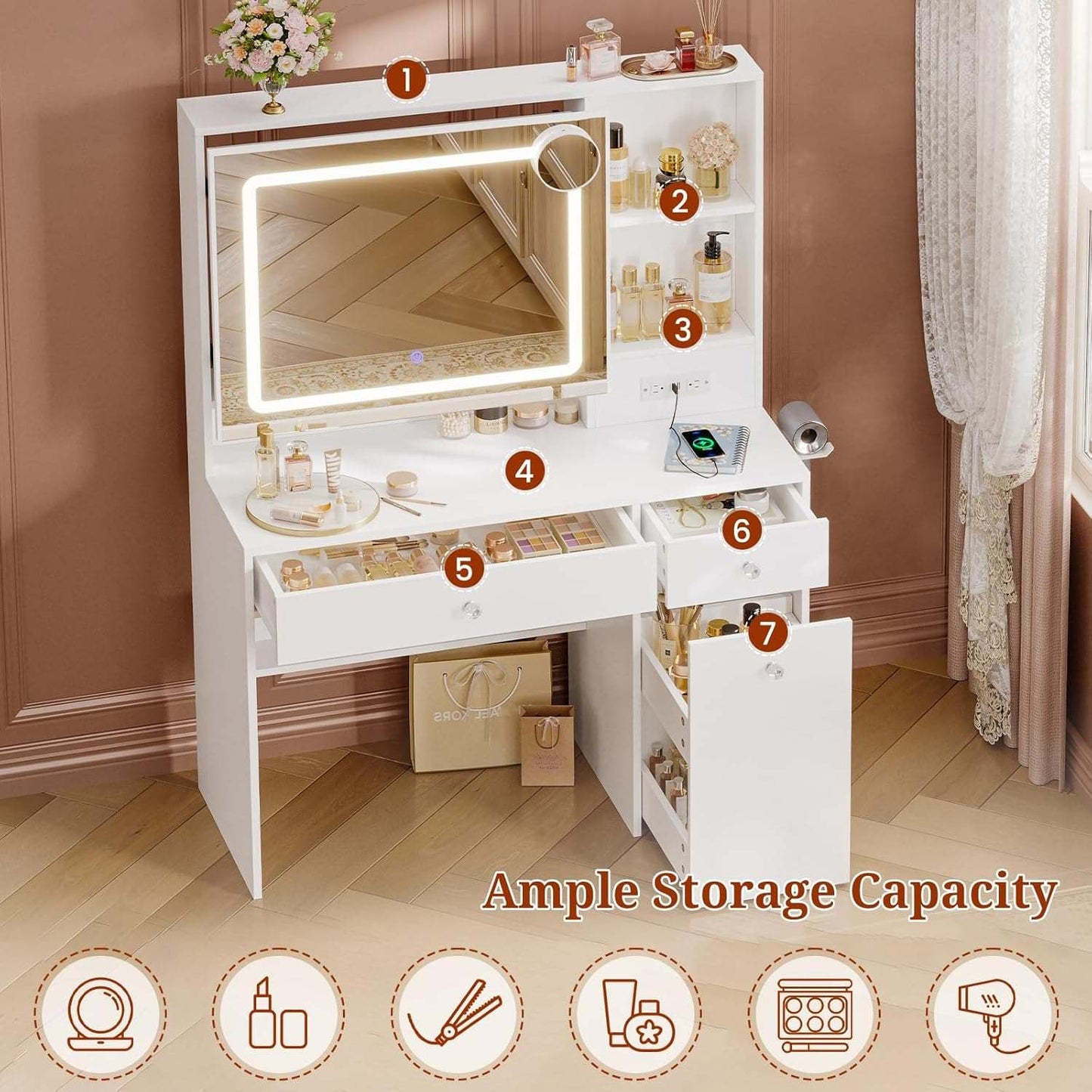 Makeup Vanity with Pull-Out LED Mirror and Power Outlet White
