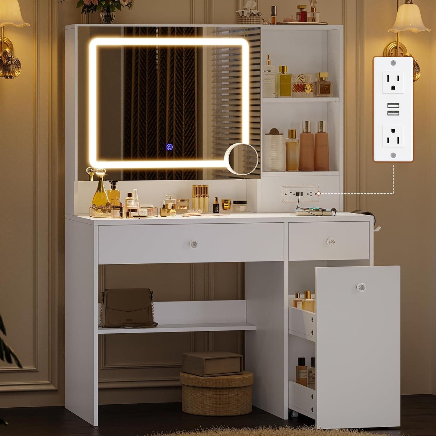Makeup Vanity with Pull-Out LED Mirror and Power Outlet White