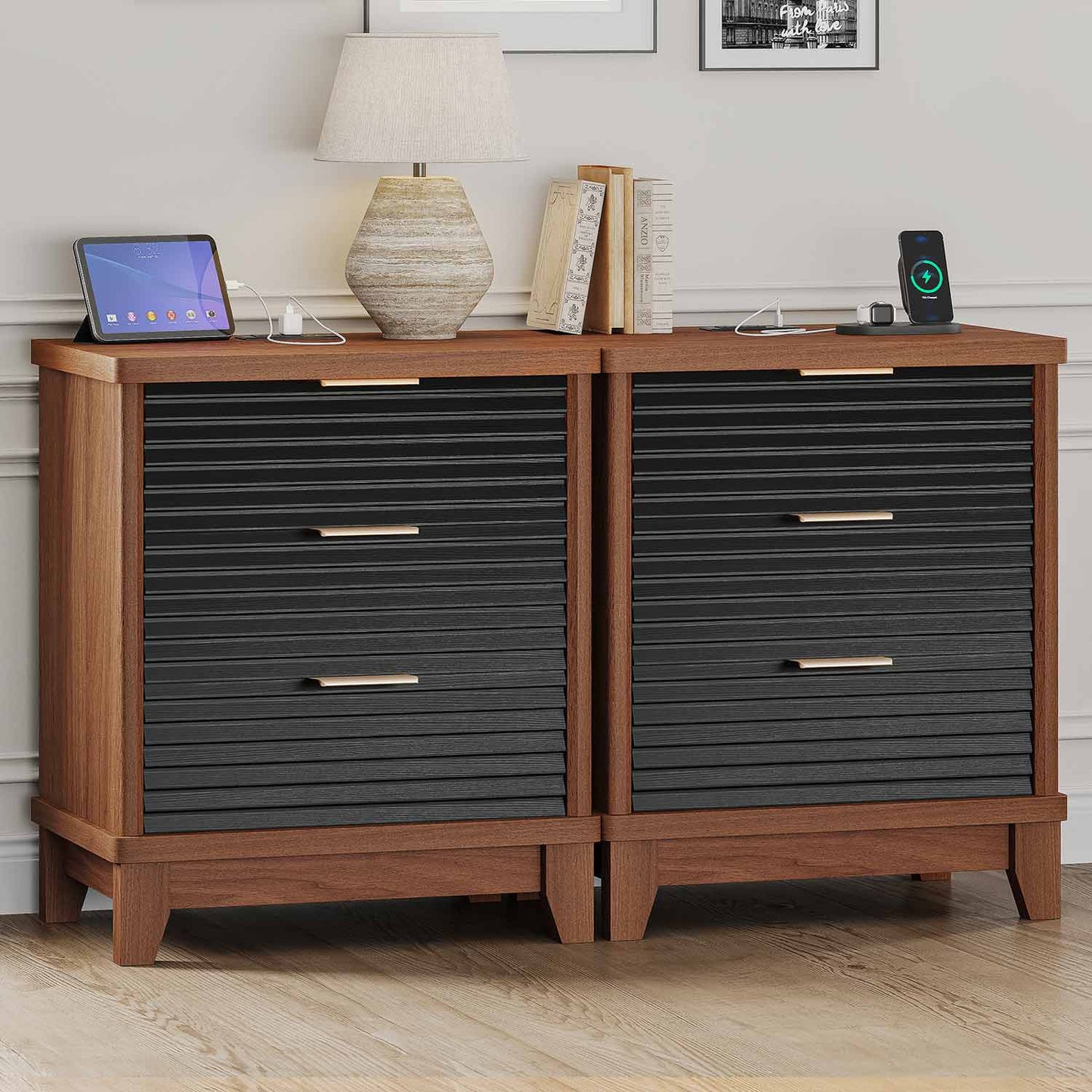 2PCS Fluted Nightstand with Charging Station and 3 Drawers Black