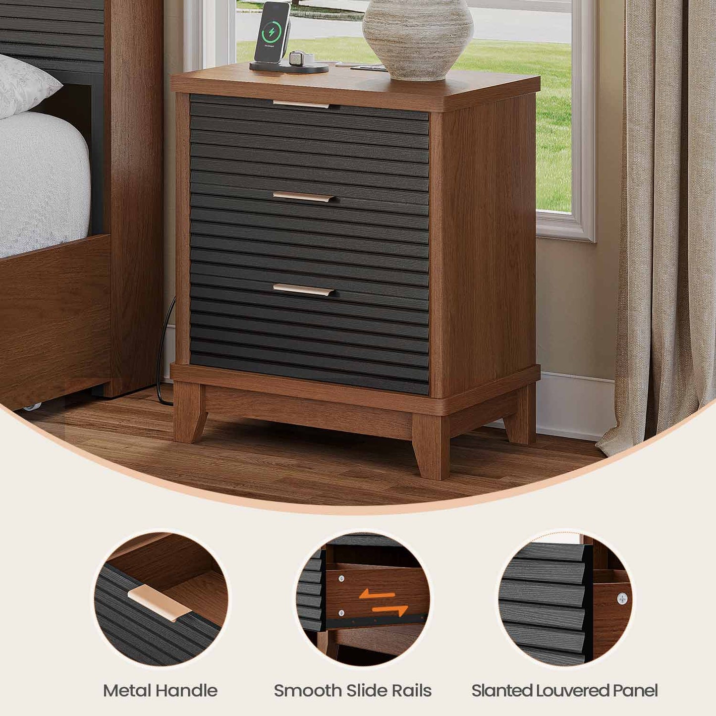2PCS Fluted Nightstand with Charging Station and 3 Drawers Black
