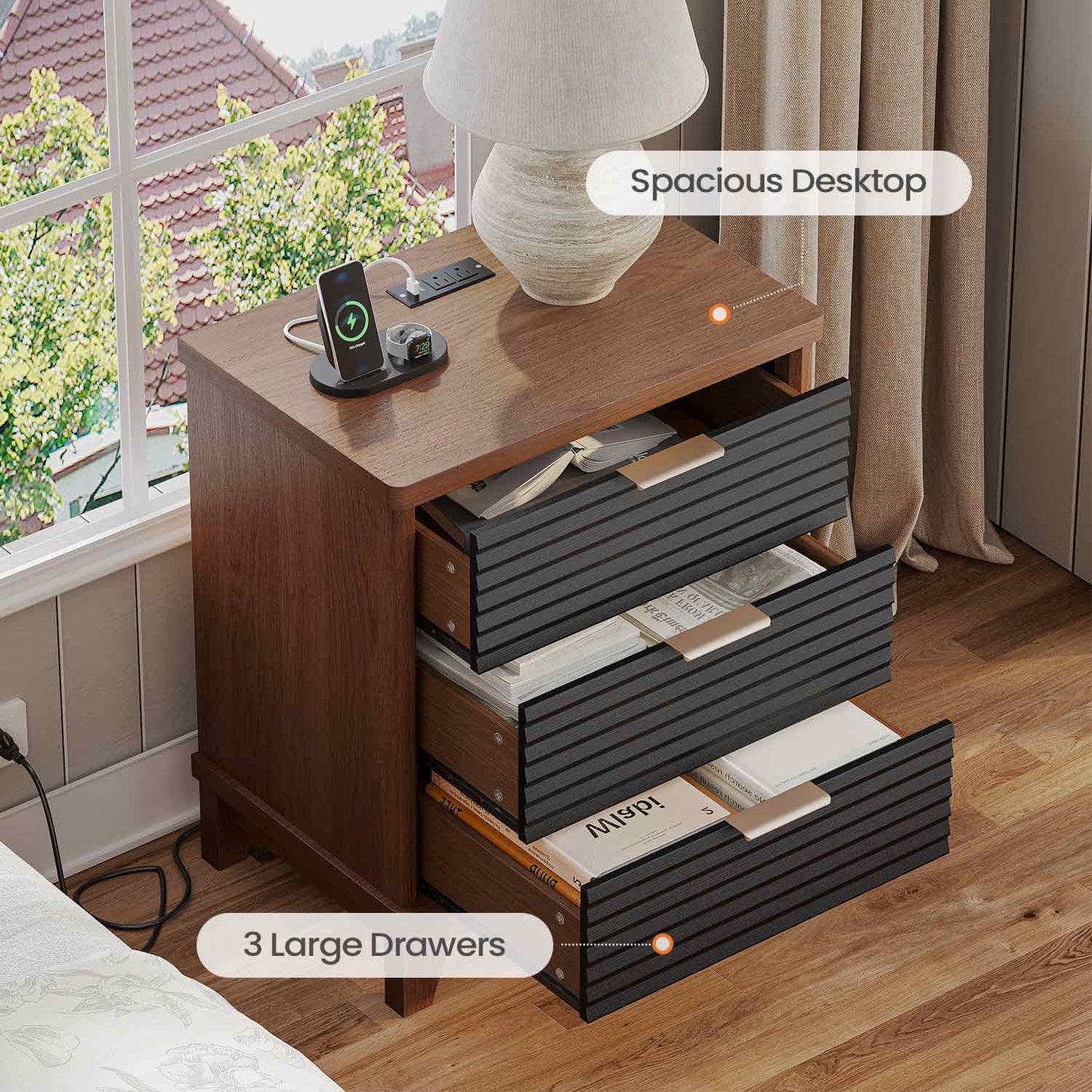 2PCS Fluted Nightstand with Charging Station and 3 Drawers Black