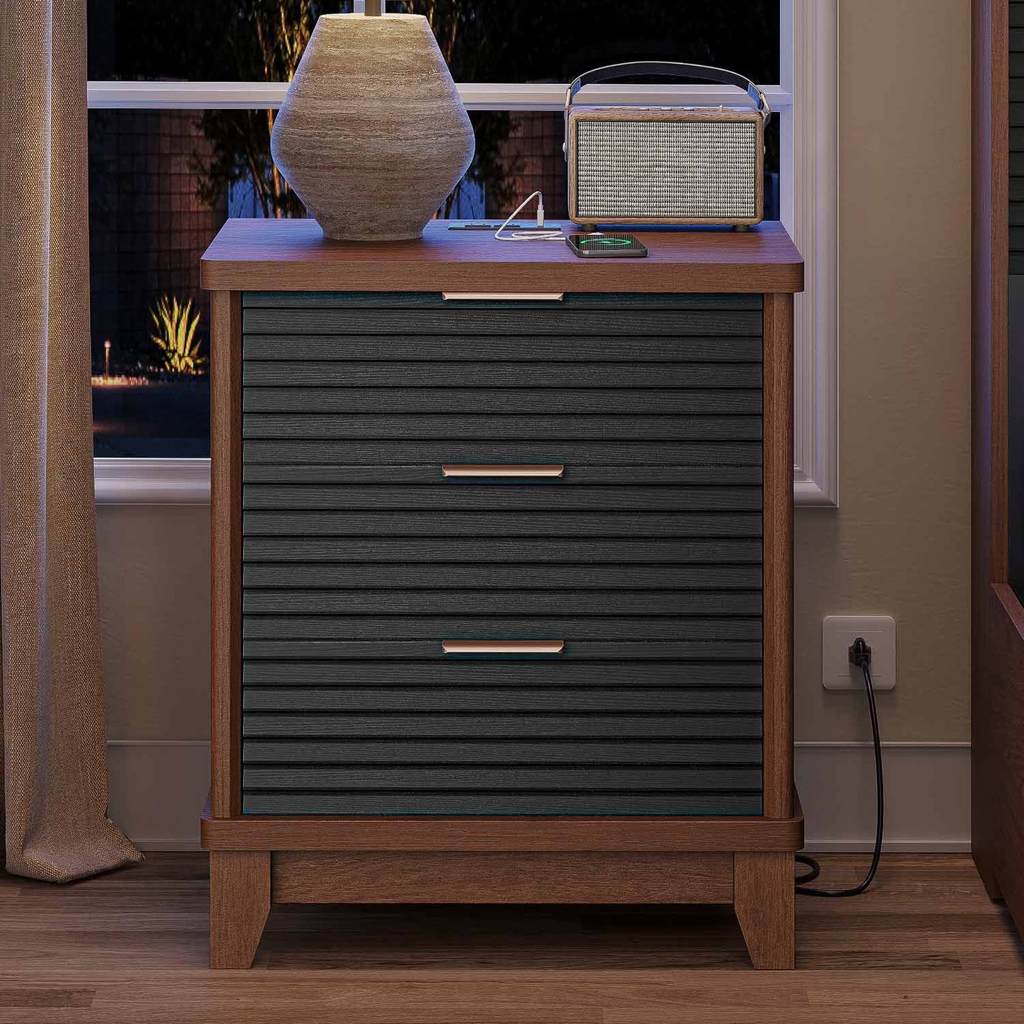 2PCS Fluted Nightstand with Charging Station and 3 Drawers Black