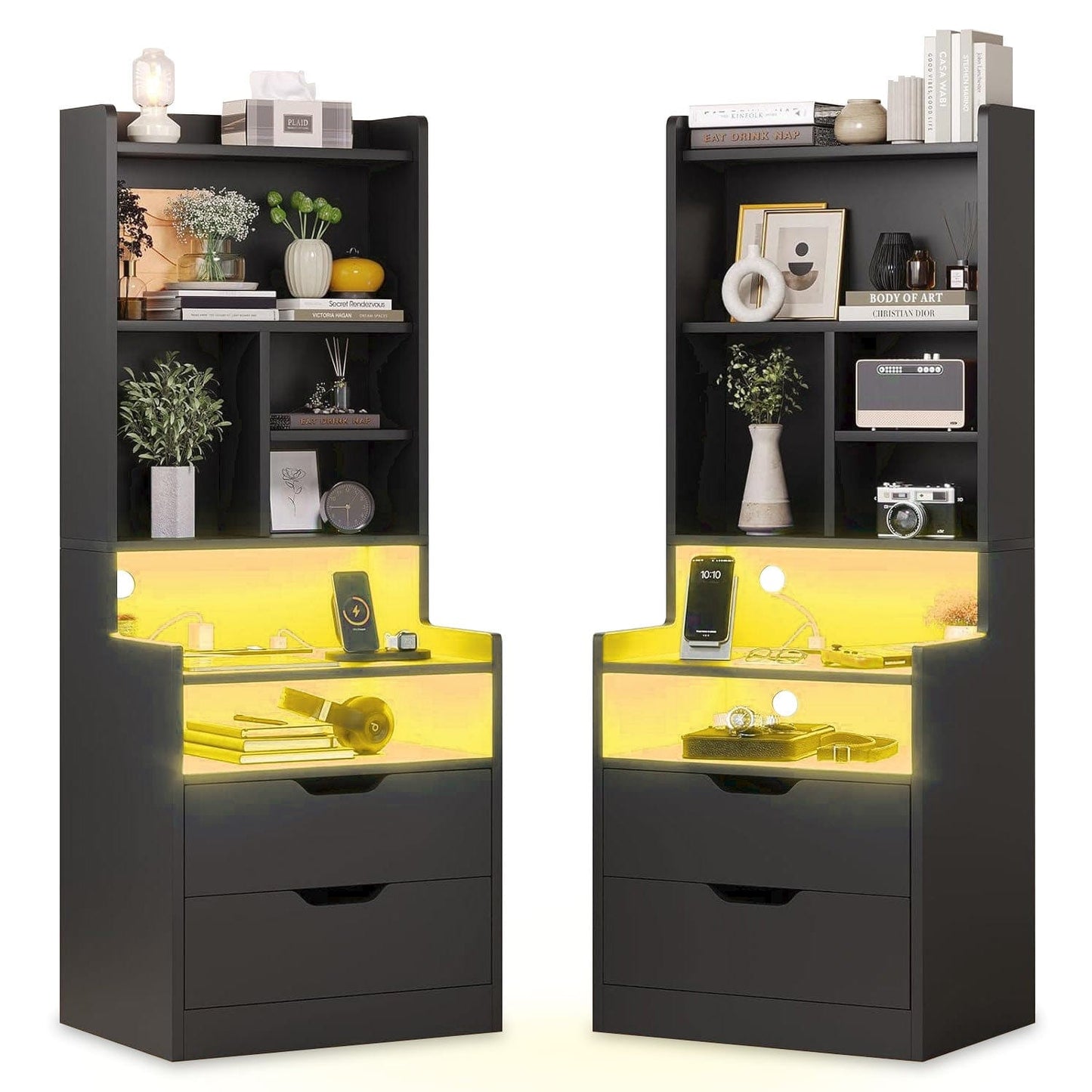 2PCS LED Tall Nightstand with Bookshelf Black