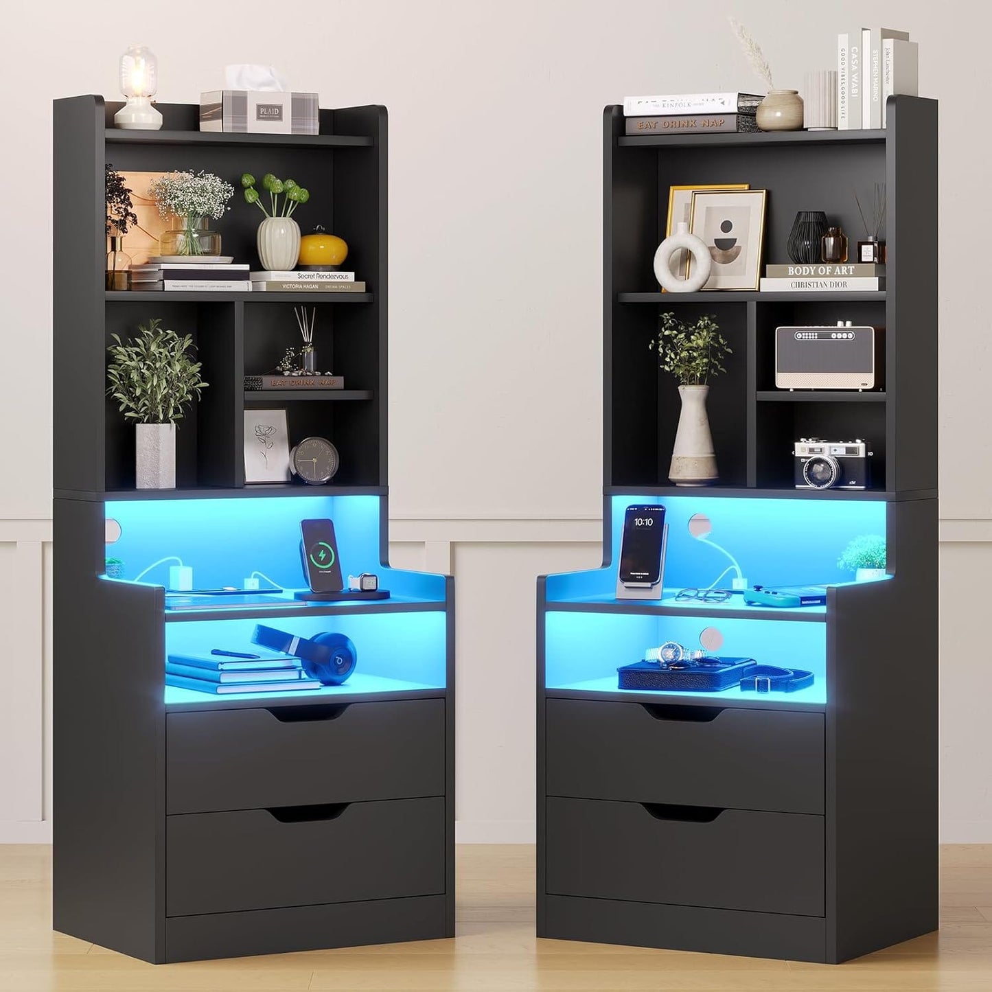 2PCS LED Tall Nightstand with Bookshelf Black