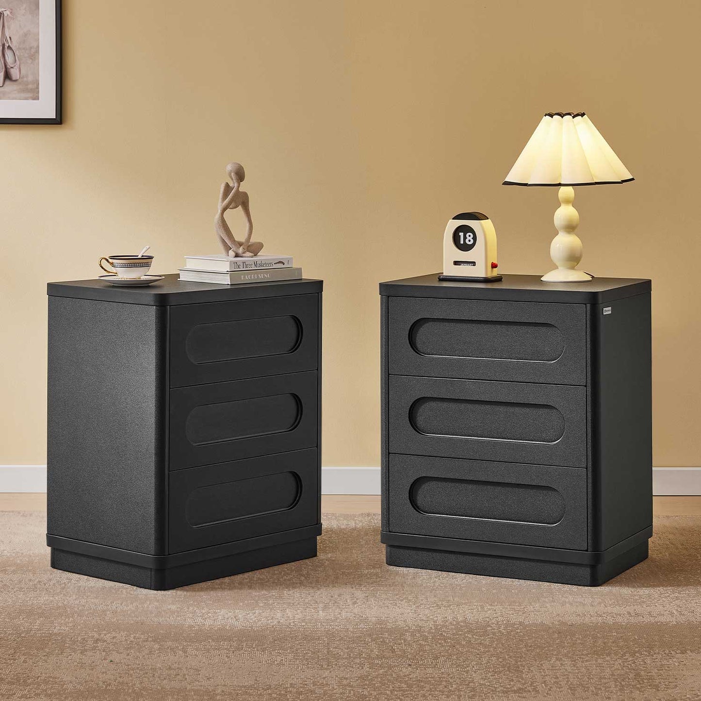 2PCS Nightstand with 3 Drawers Black