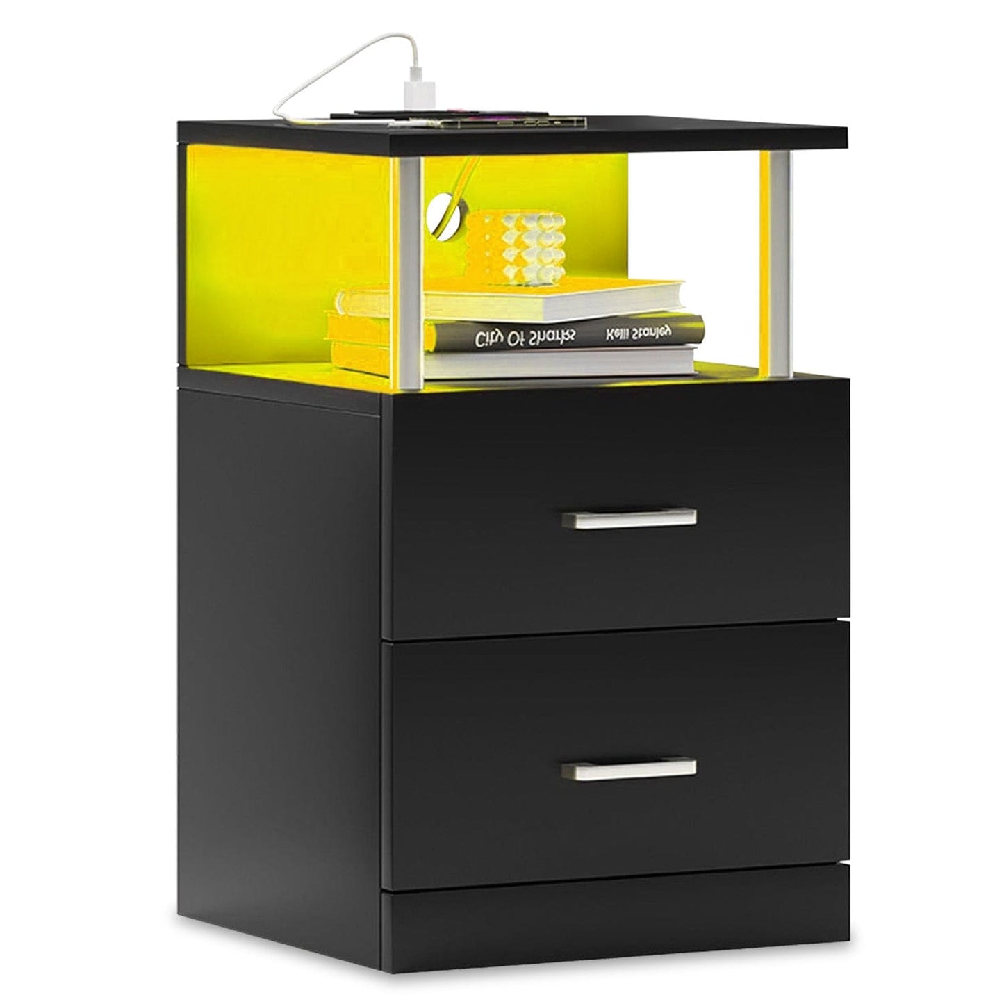 LED Nightstand with Charging Station Black