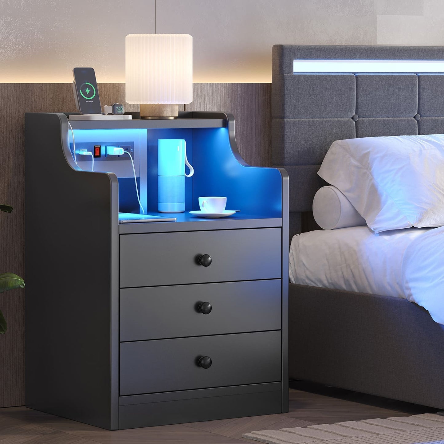 LED Nightstand with 3 Storage Drawers Black