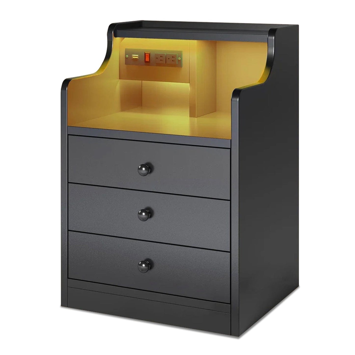 LED Nightstand with 3 Storage Drawers Black