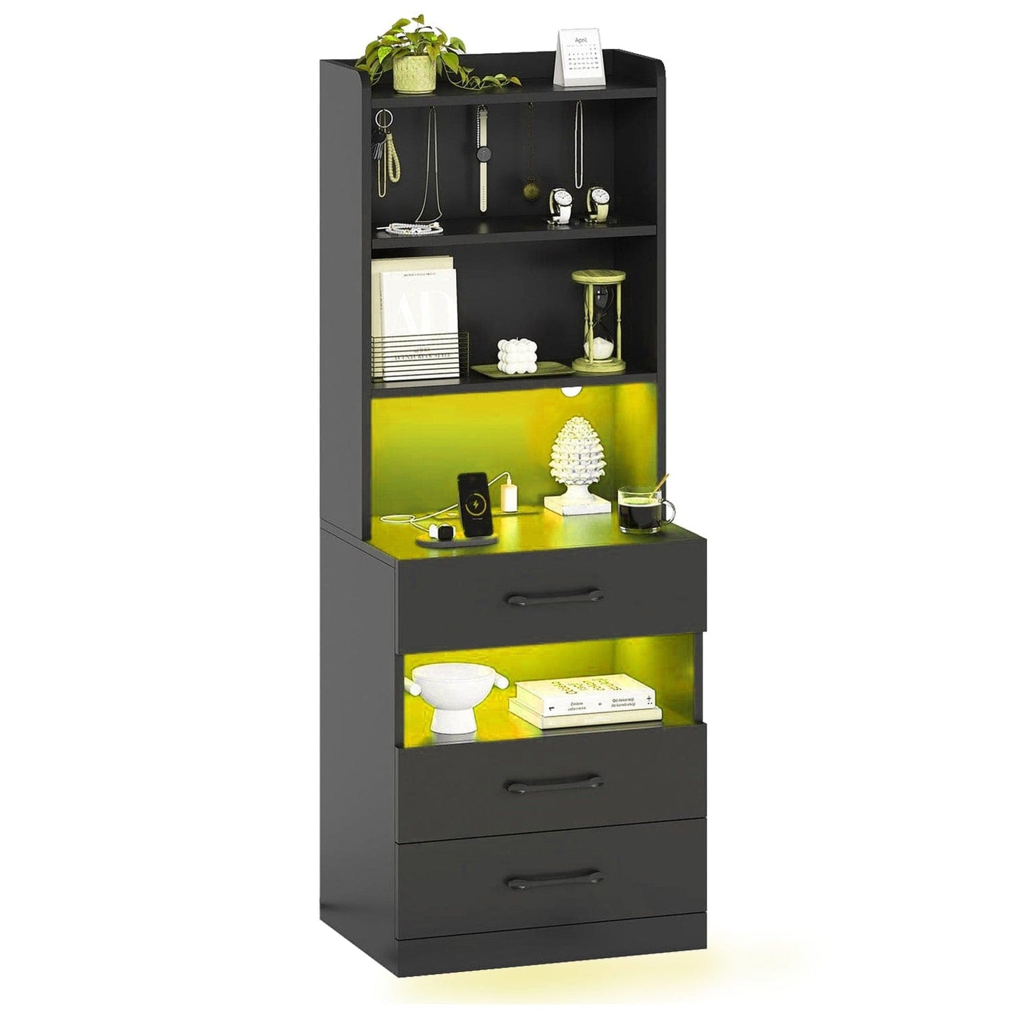 LED Tall Nightstand with Bookshelf Black