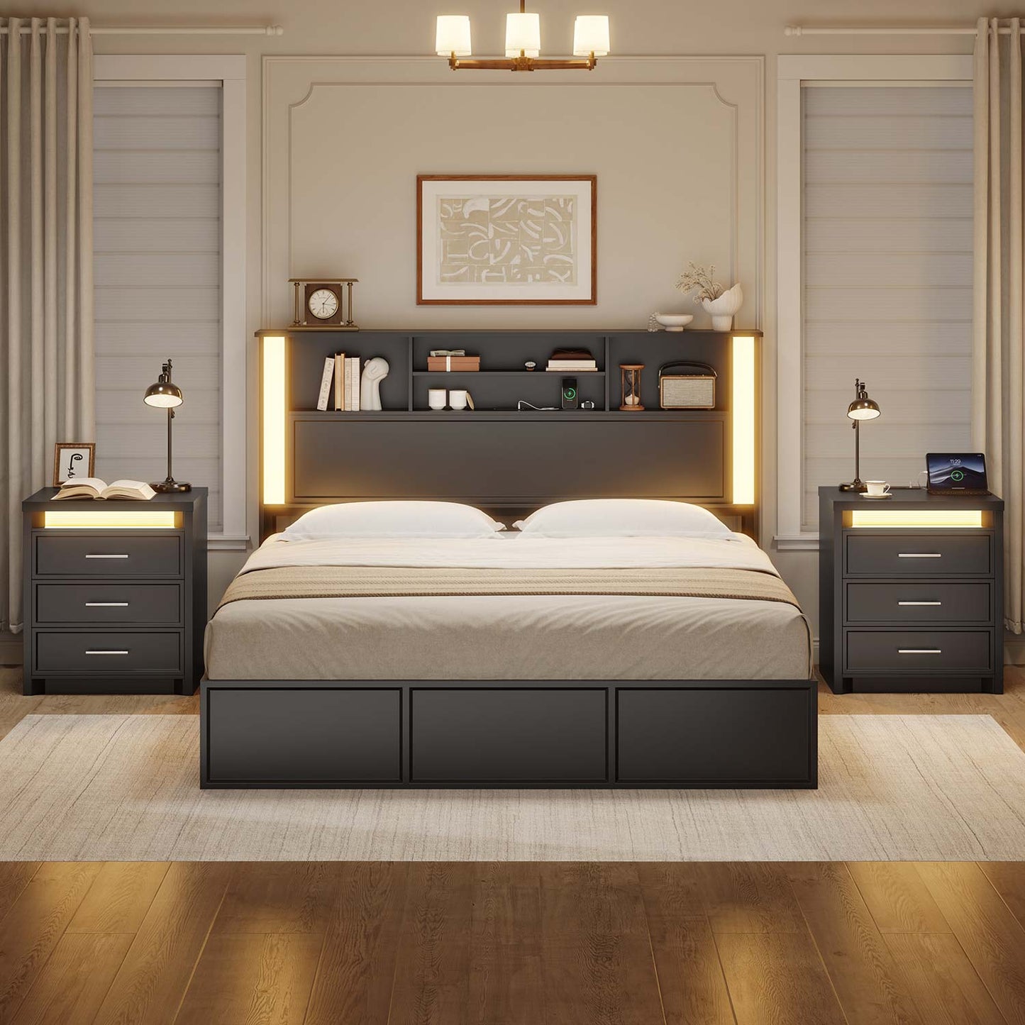 Nightstand with 3 Drawers and Led Lights Black