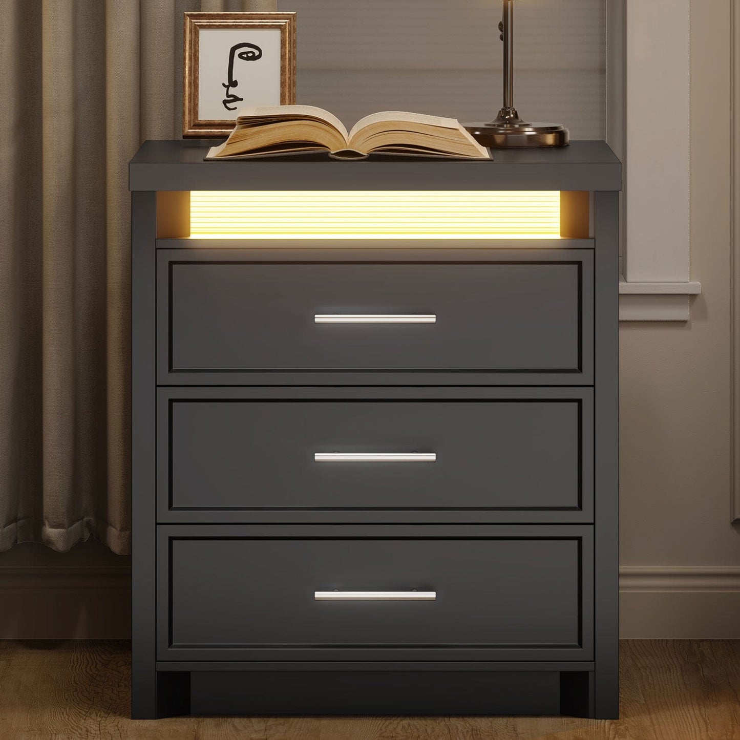 Nightstand with 3 Drawers and Led Lights Black