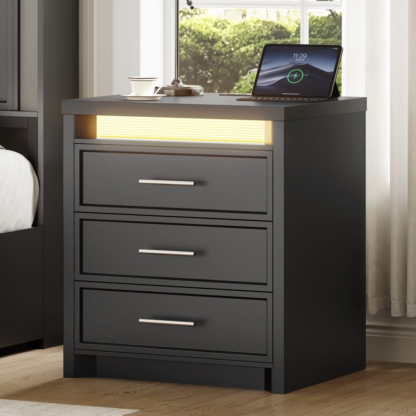 Nightstand with 3 Drawers and Led Lights Black
