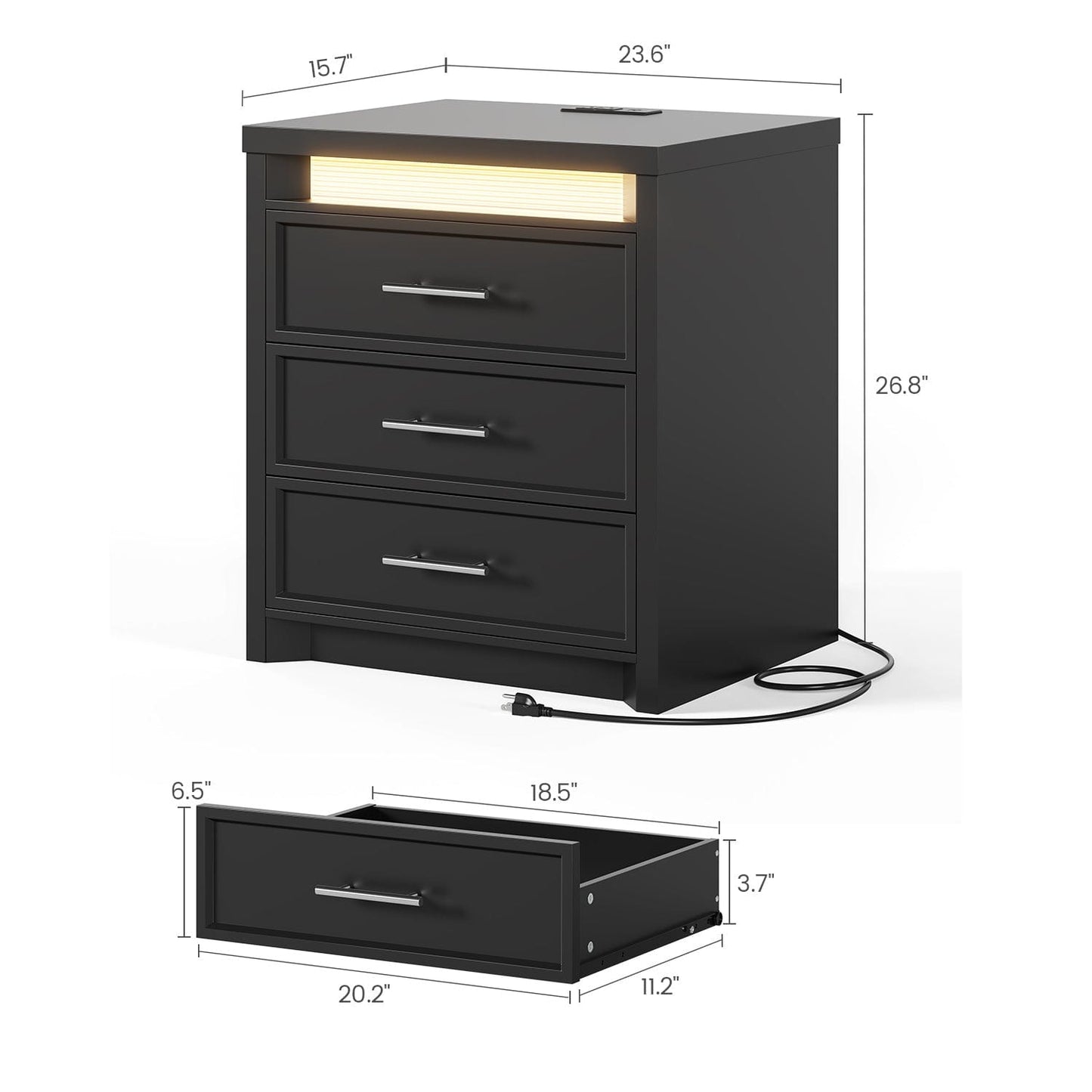 Nightstand with 3 Drawers and Led Lights Black