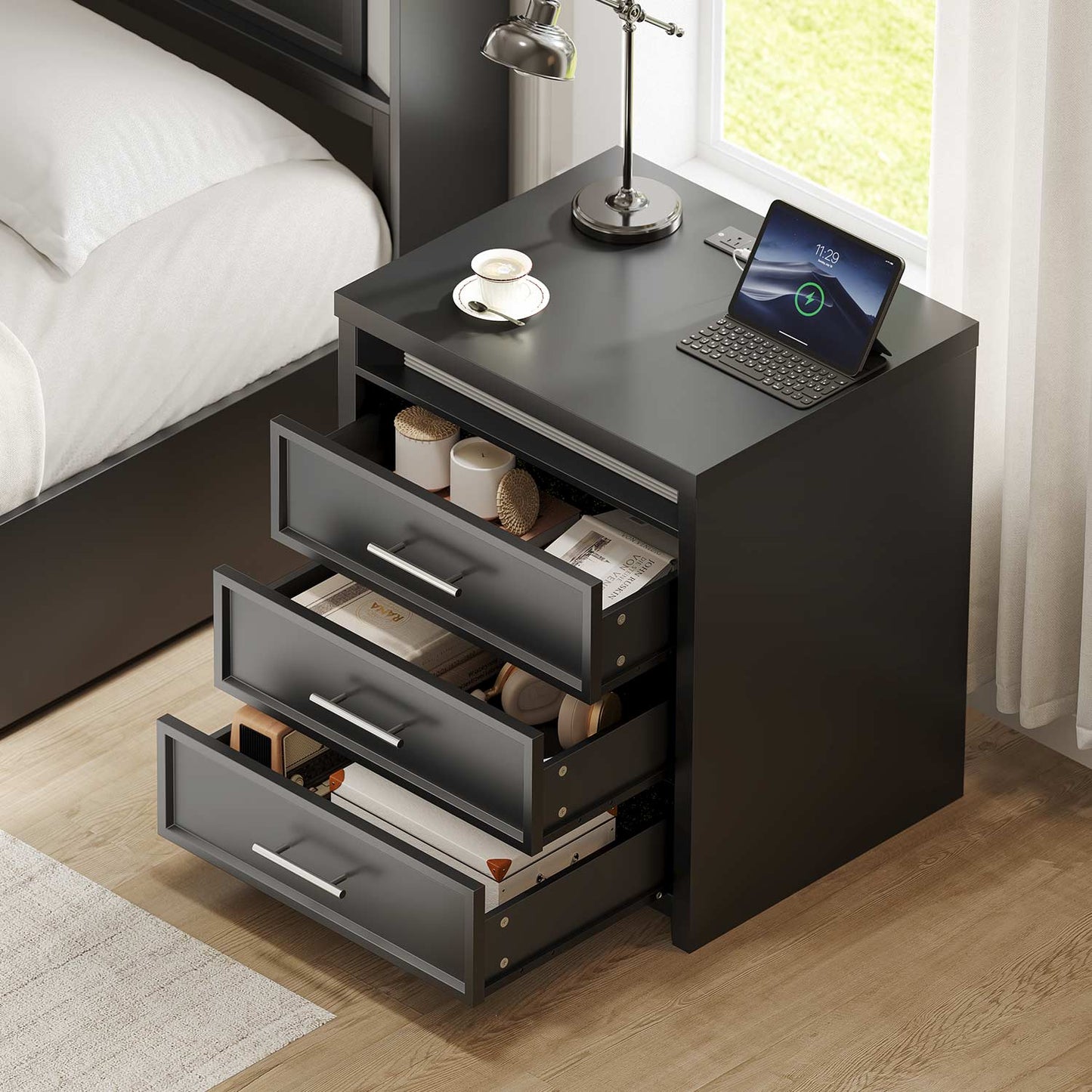 Nightstand with 3 Drawers and Led Lights Black