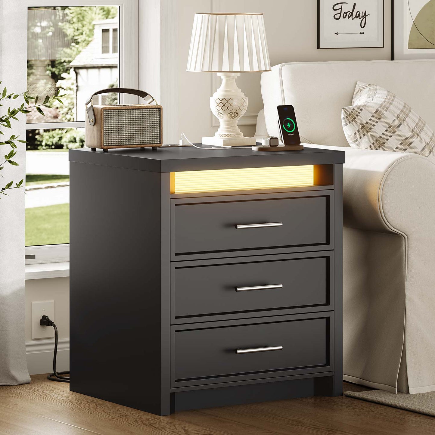 Nightstand with 3 Drawers and Led Lights Black