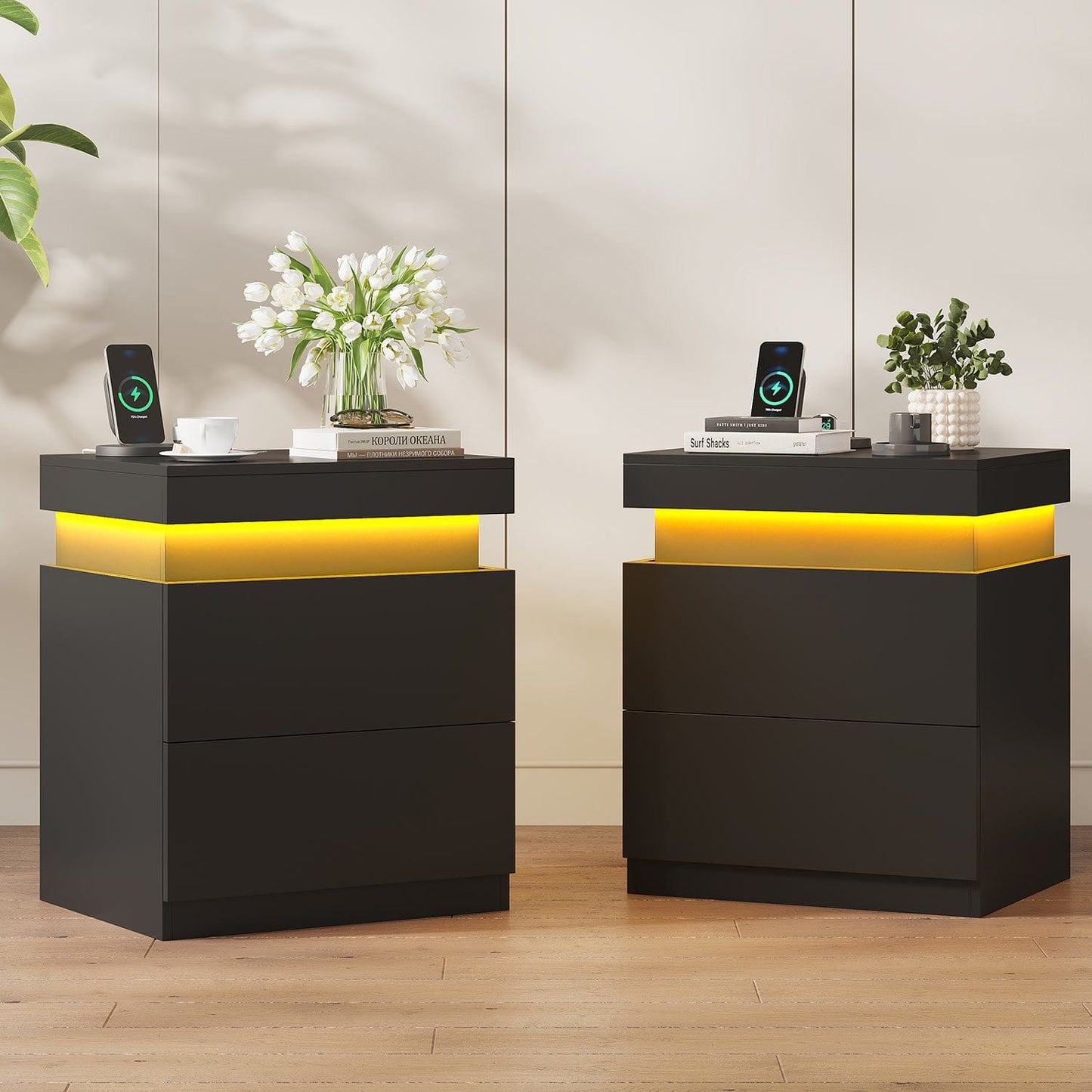 Nightstand with Sliding Top and 2 Drawers Black