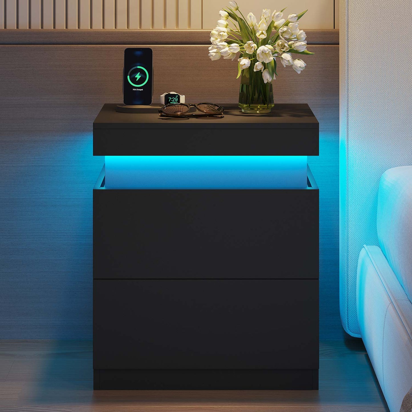 Nightstand with Sliding Top and 2 Drawers Black
