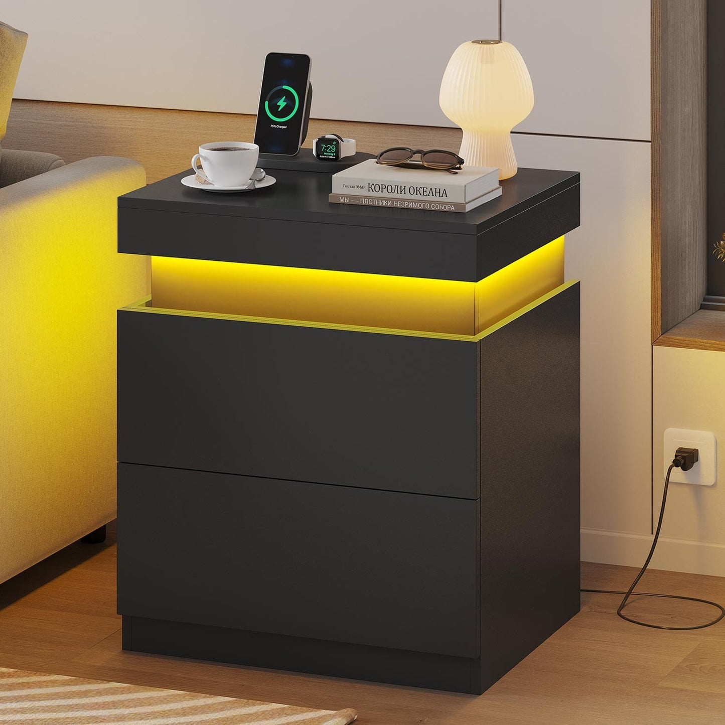 Nightstand with Sliding Top and 2 Drawers Black