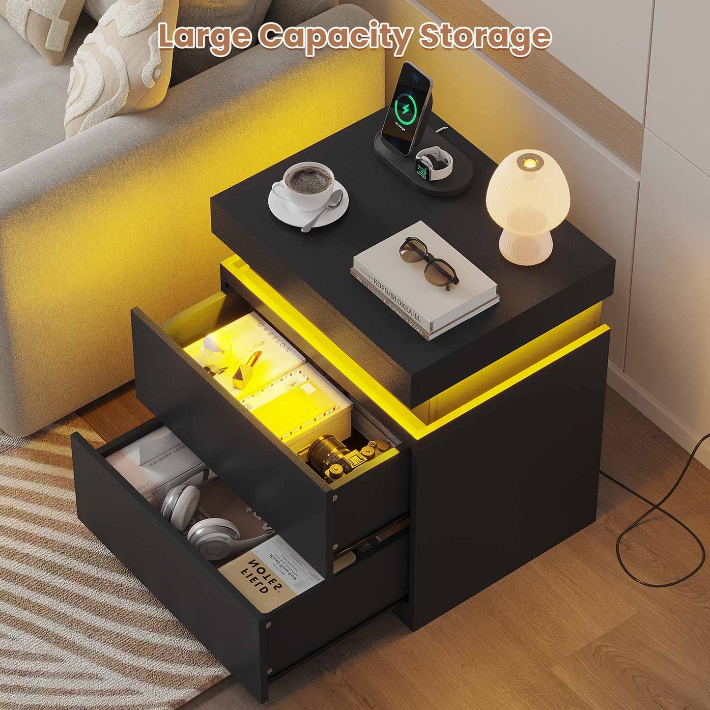 Nightstand with Sliding Top and 2 Drawers Black