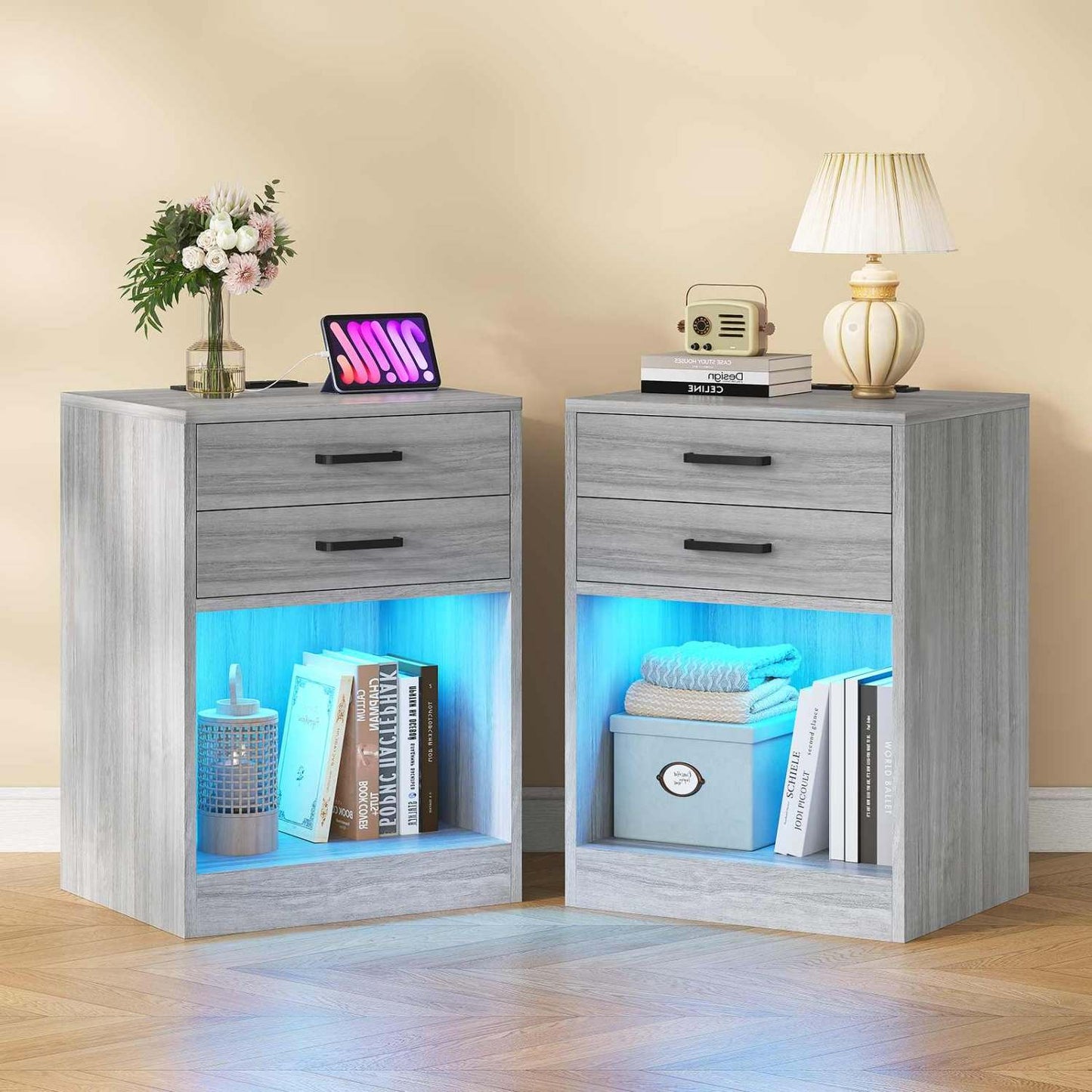 2Pcs LED Nightstand with Power Outlets Grey