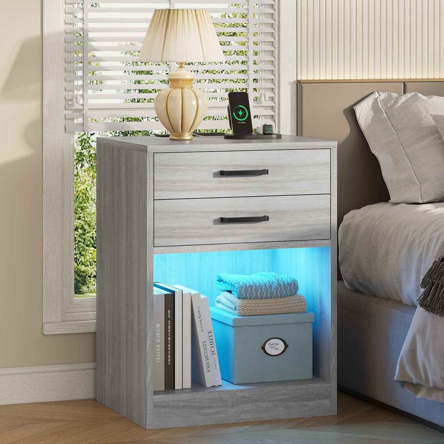 2Pcs LED Nightstand with Power Outlets Grey