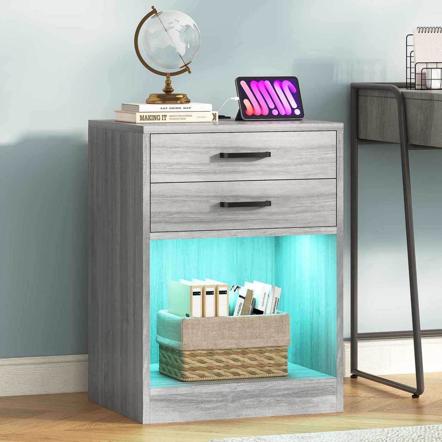 2Pcs LED Nightstand with Power Outlets Grey