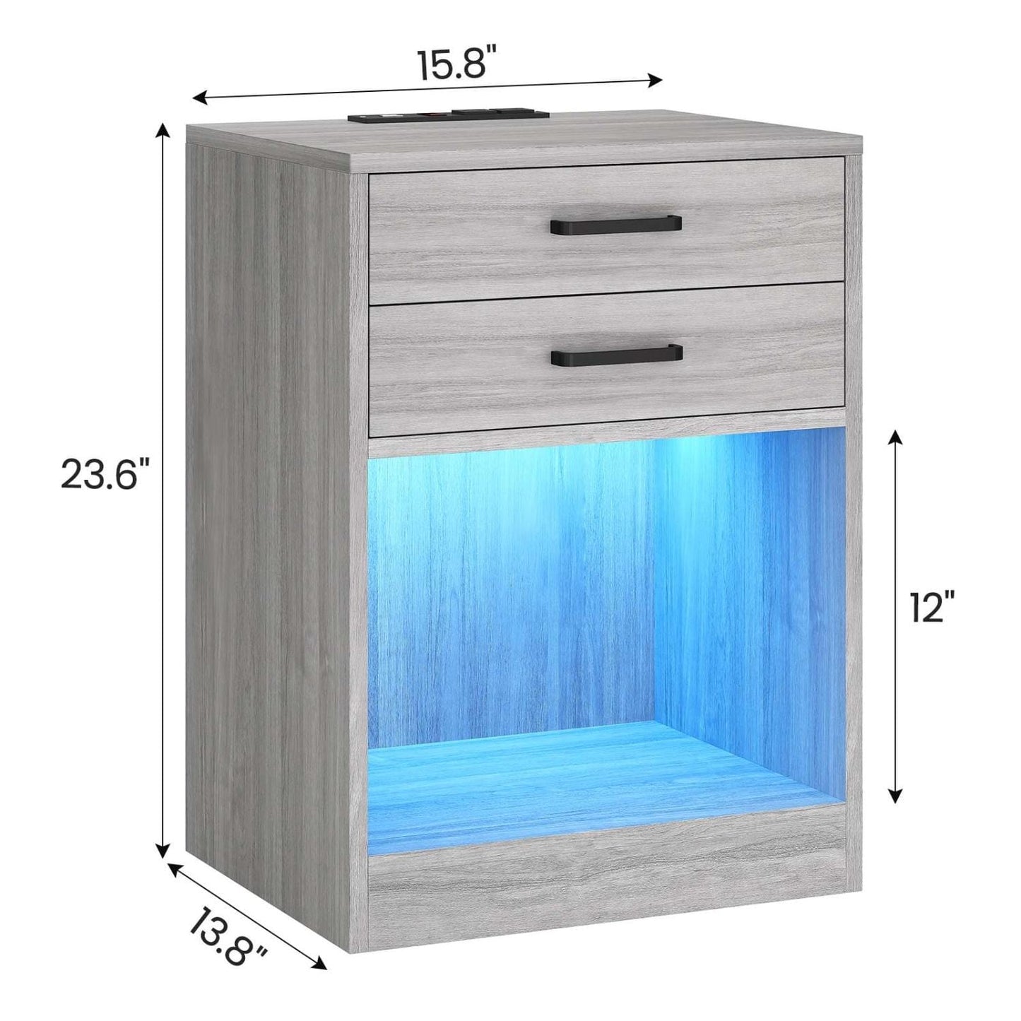 2Pcs LED Nightstand with Power Outlets Grey