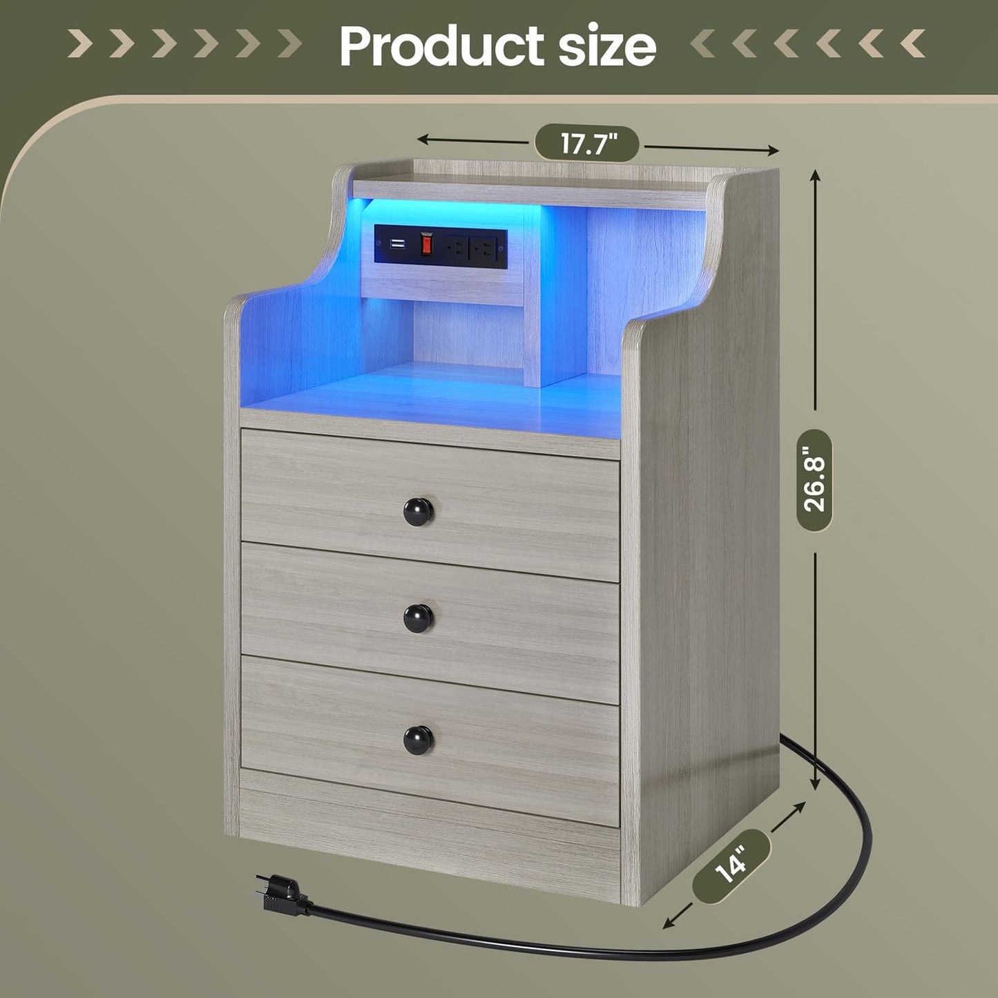 LED Nightstand with 3 Storage Drawers Grey