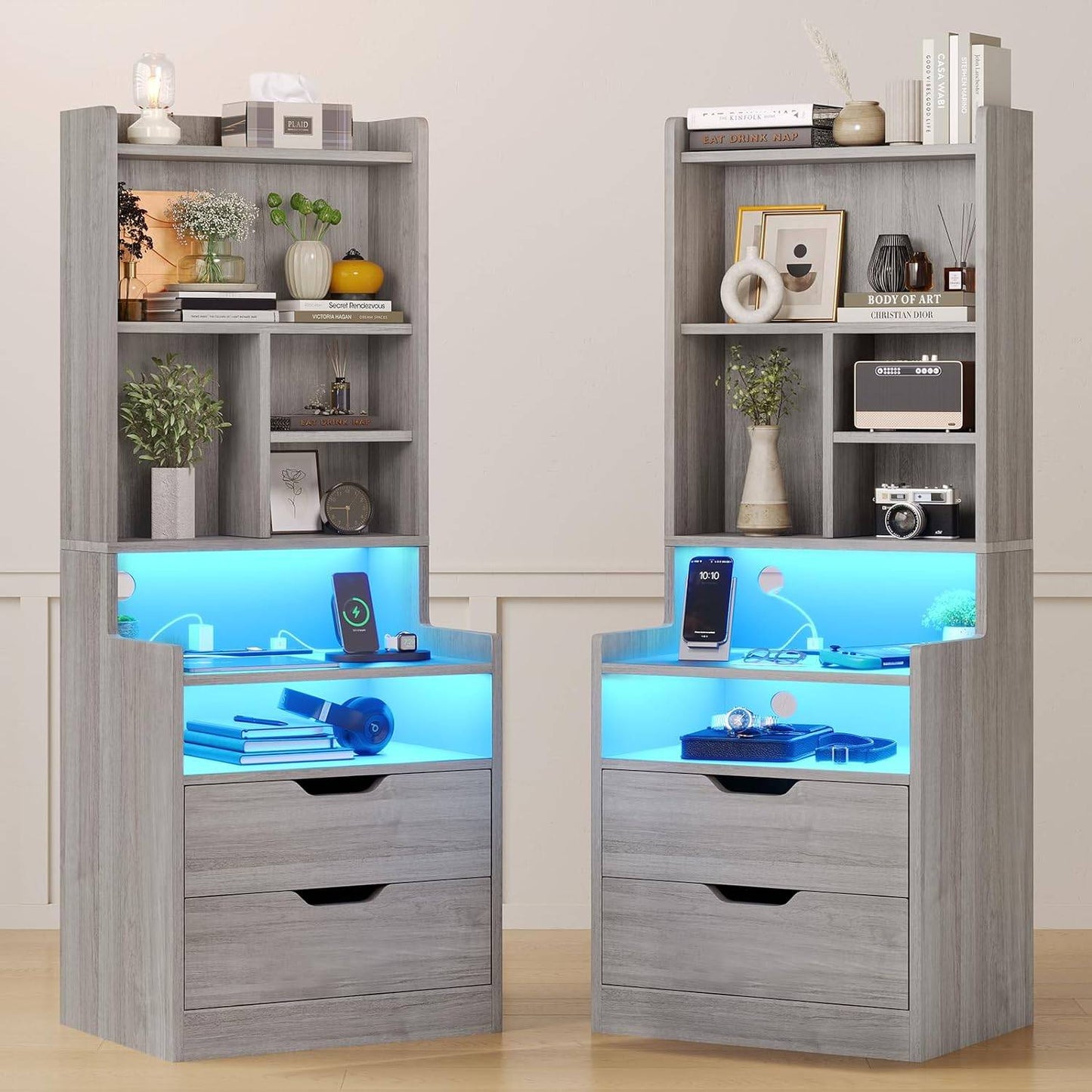 2PCS LED Tall Nightstand with Bookshelf Grey