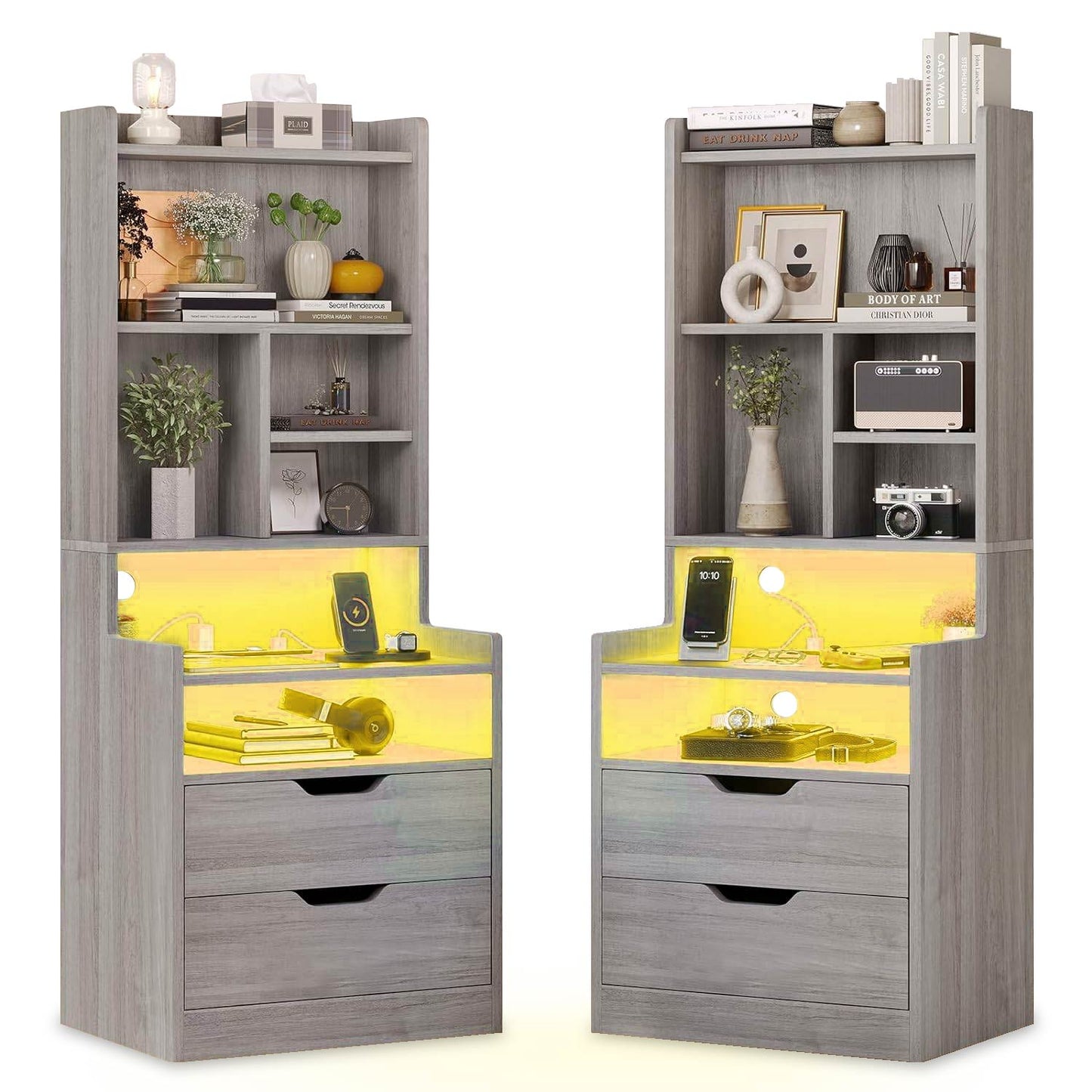 2PCS LED Tall Nightstand with Bookshelf Grey