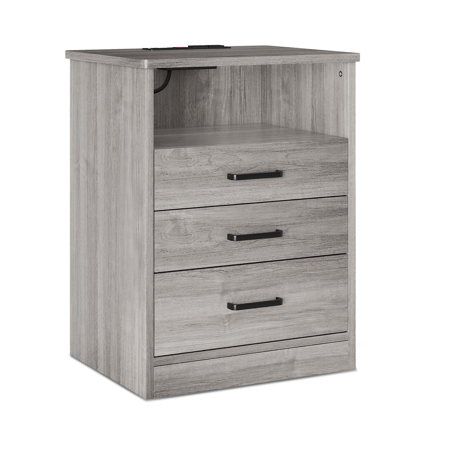 Nightstand with 3 Drawers Charging Station Grey