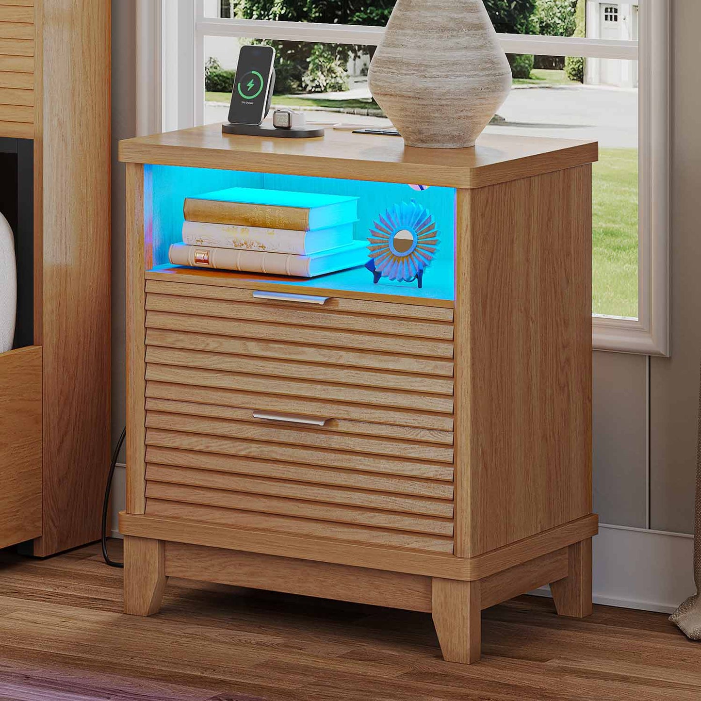 2PCS Fluted Nightstand with Charging Station and Led Lights Natural