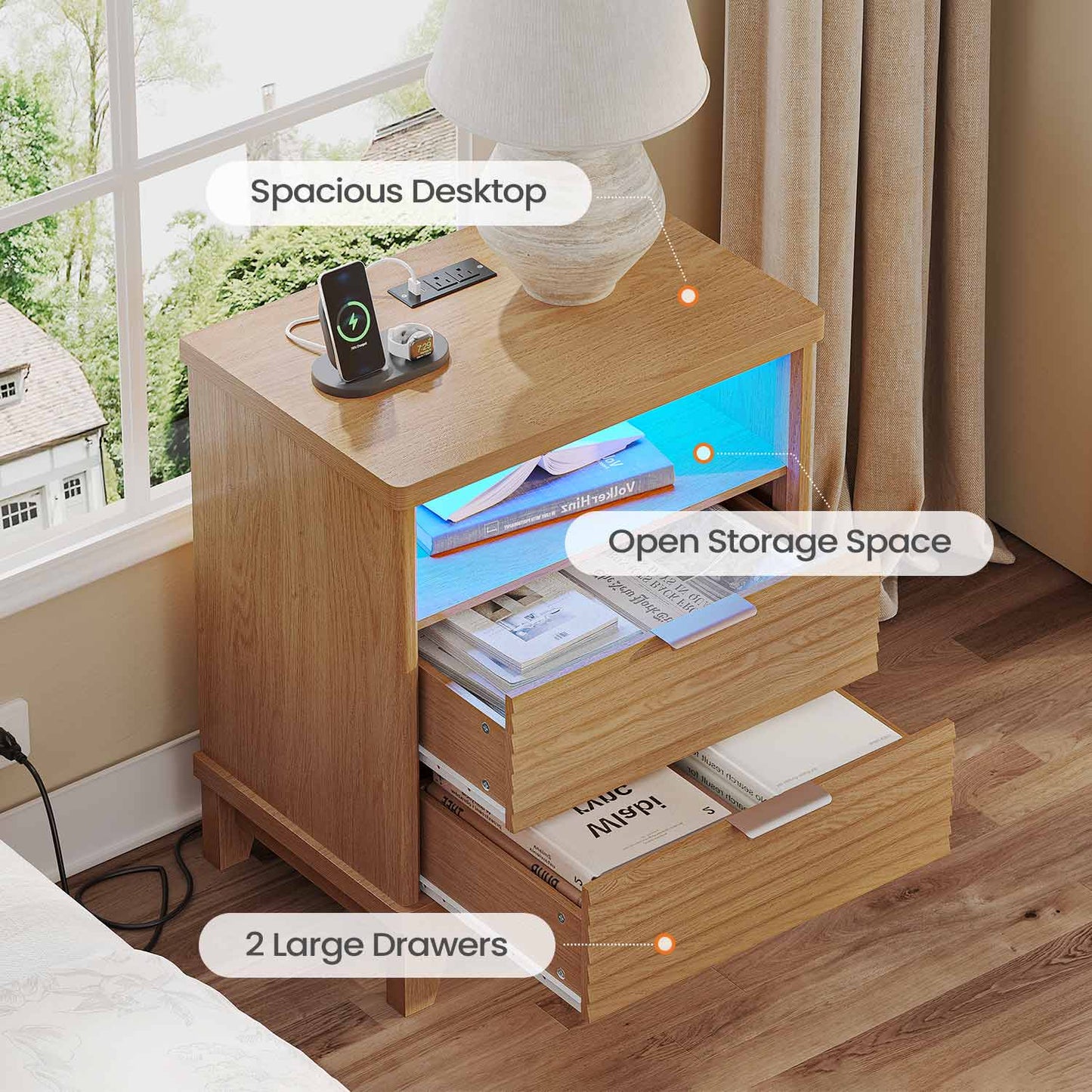 2PCS Fluted Nightstand with Charging Station and Led Lights Natural