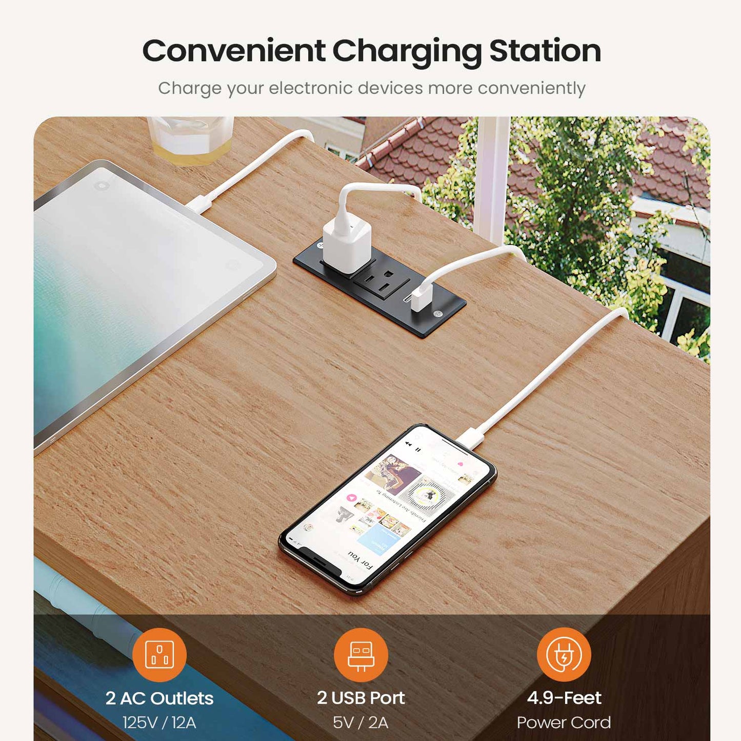 2PCS Fluted Nightstand with Charging Station and Led Lights Natural