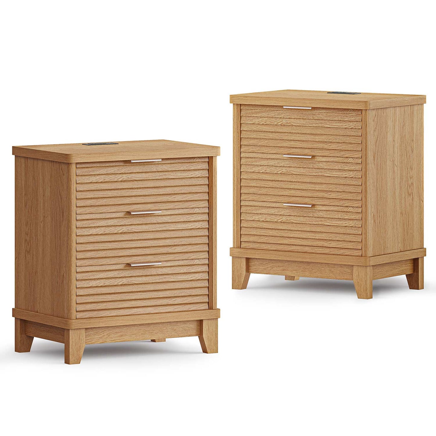 2PCS Fluted Nightstand with Charging Station and 3 Drawers Natural