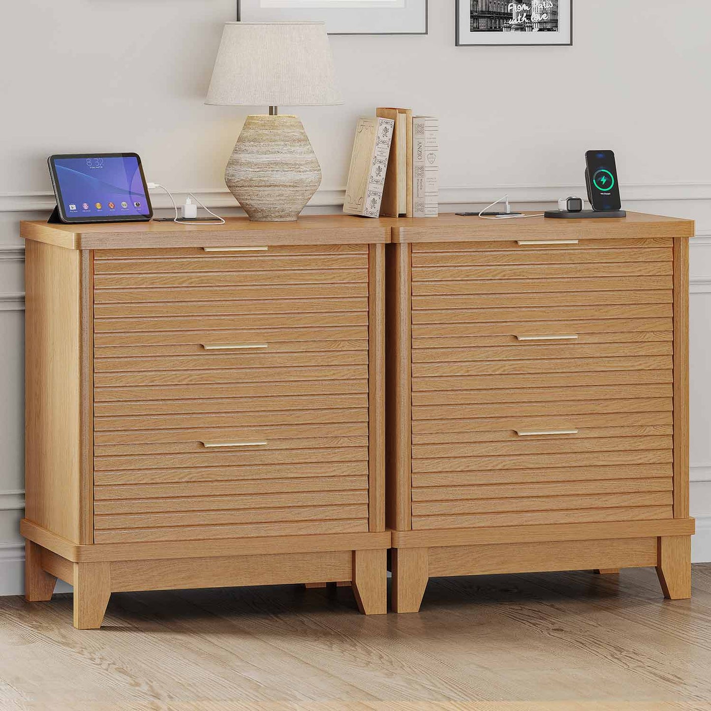 2PCS Fluted Nightstand with Charging Station and 3 Drawers Natural